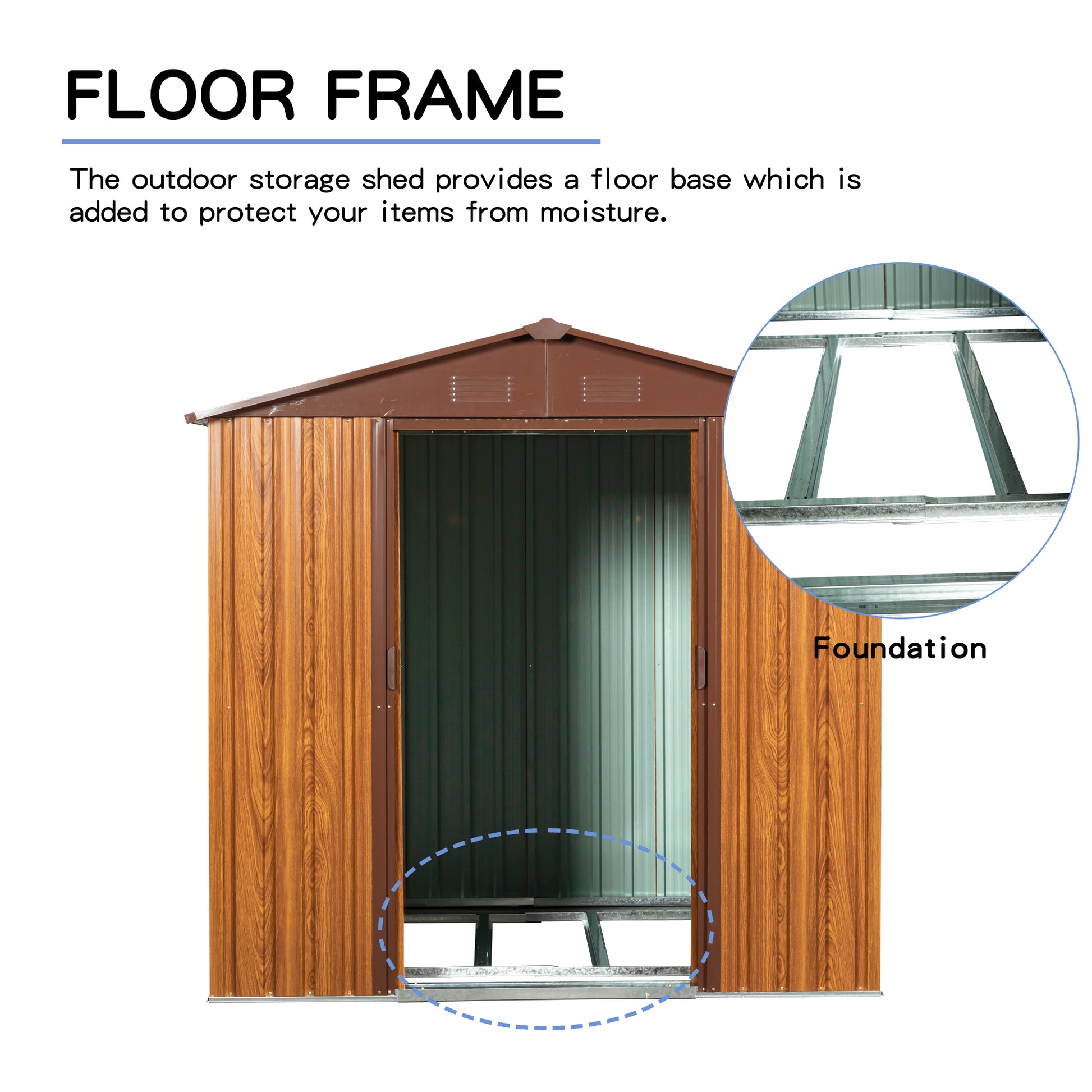 Brown outdoor storage shed with wood grain siding and metal frame floor foundation