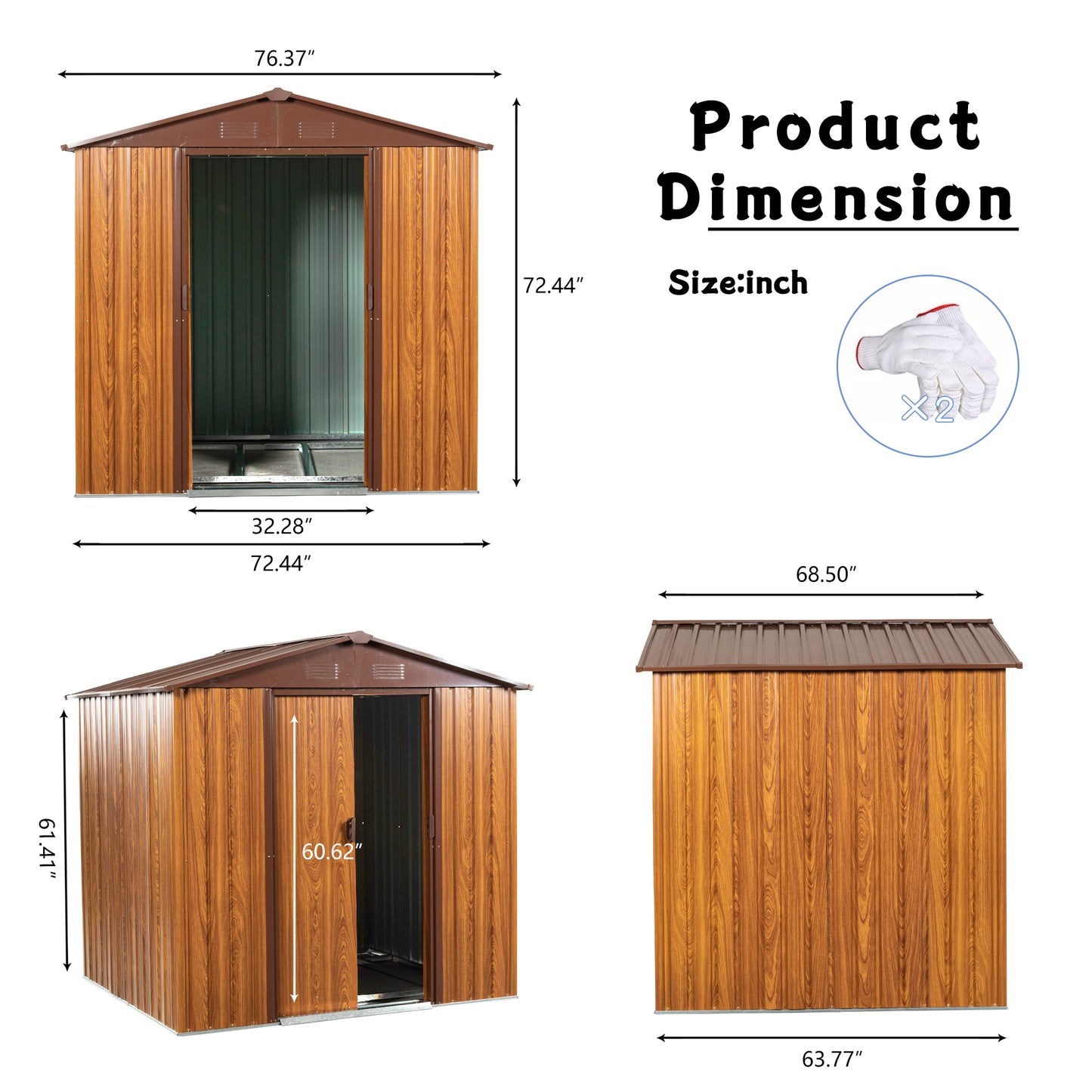 Large metal storage shed with dual sliding doors woodgrain finish