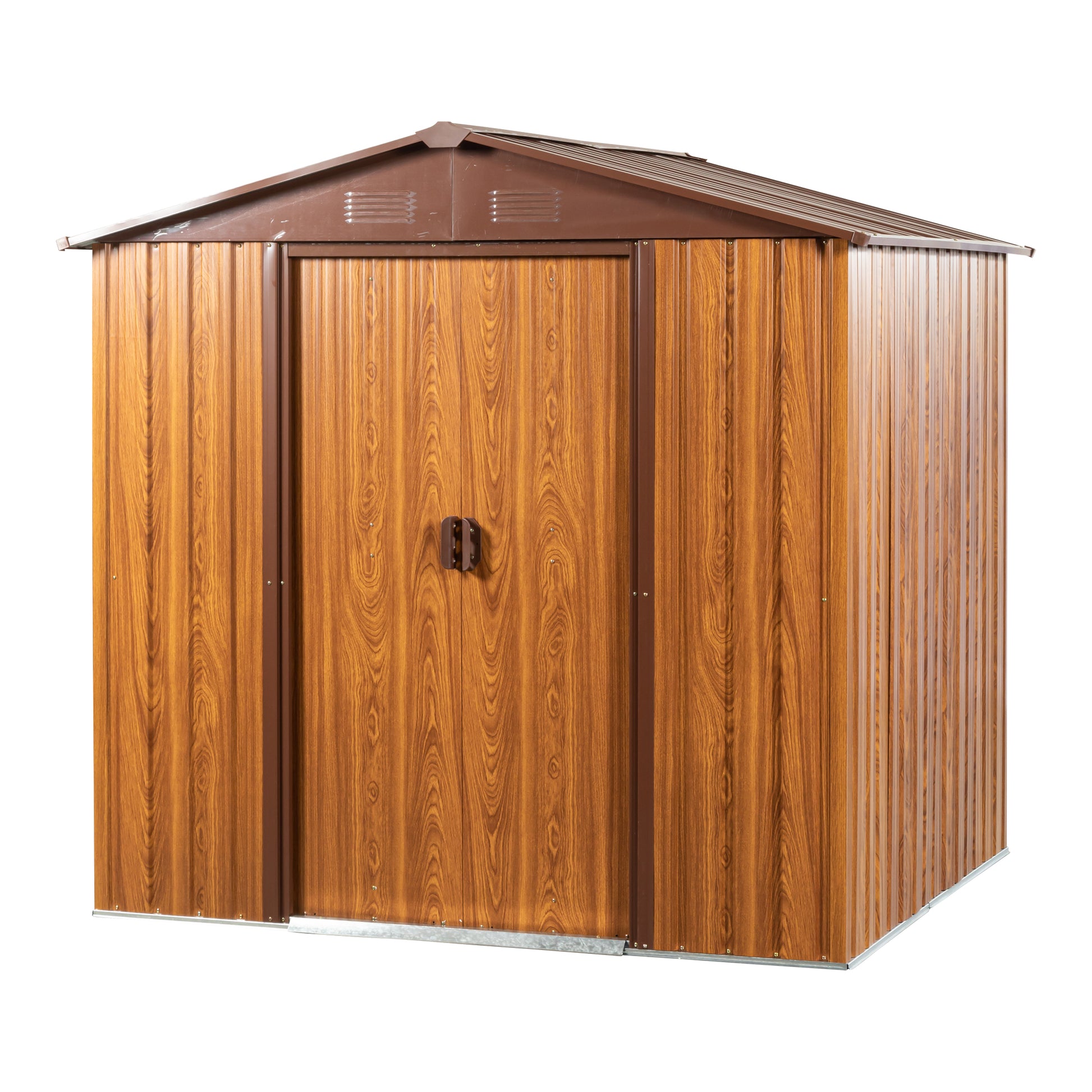 Compact brown metal garden shed with realistic wood grain finish for outdoor storage