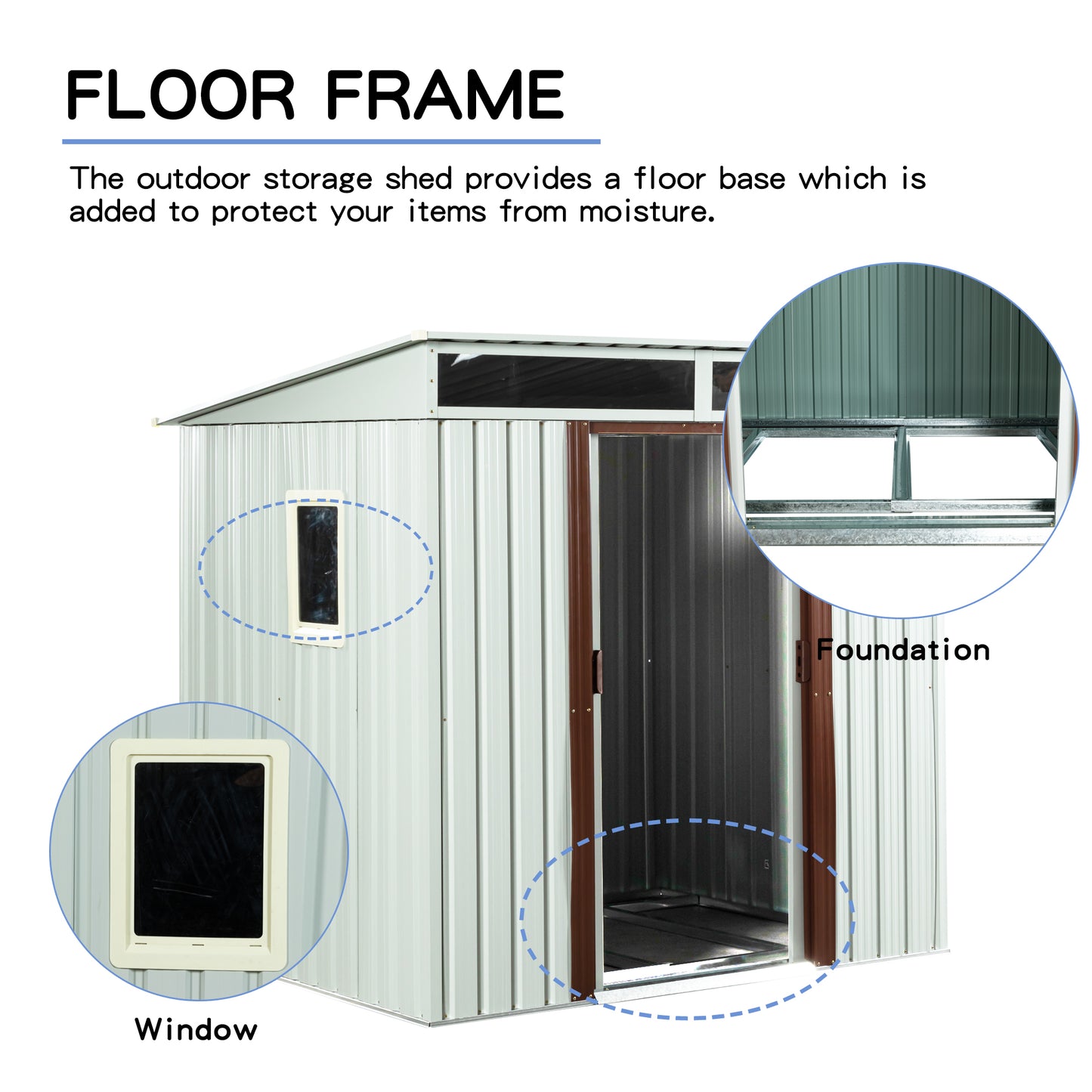 Light gray metal outdoor storage shed with brown trim window and foundation detail