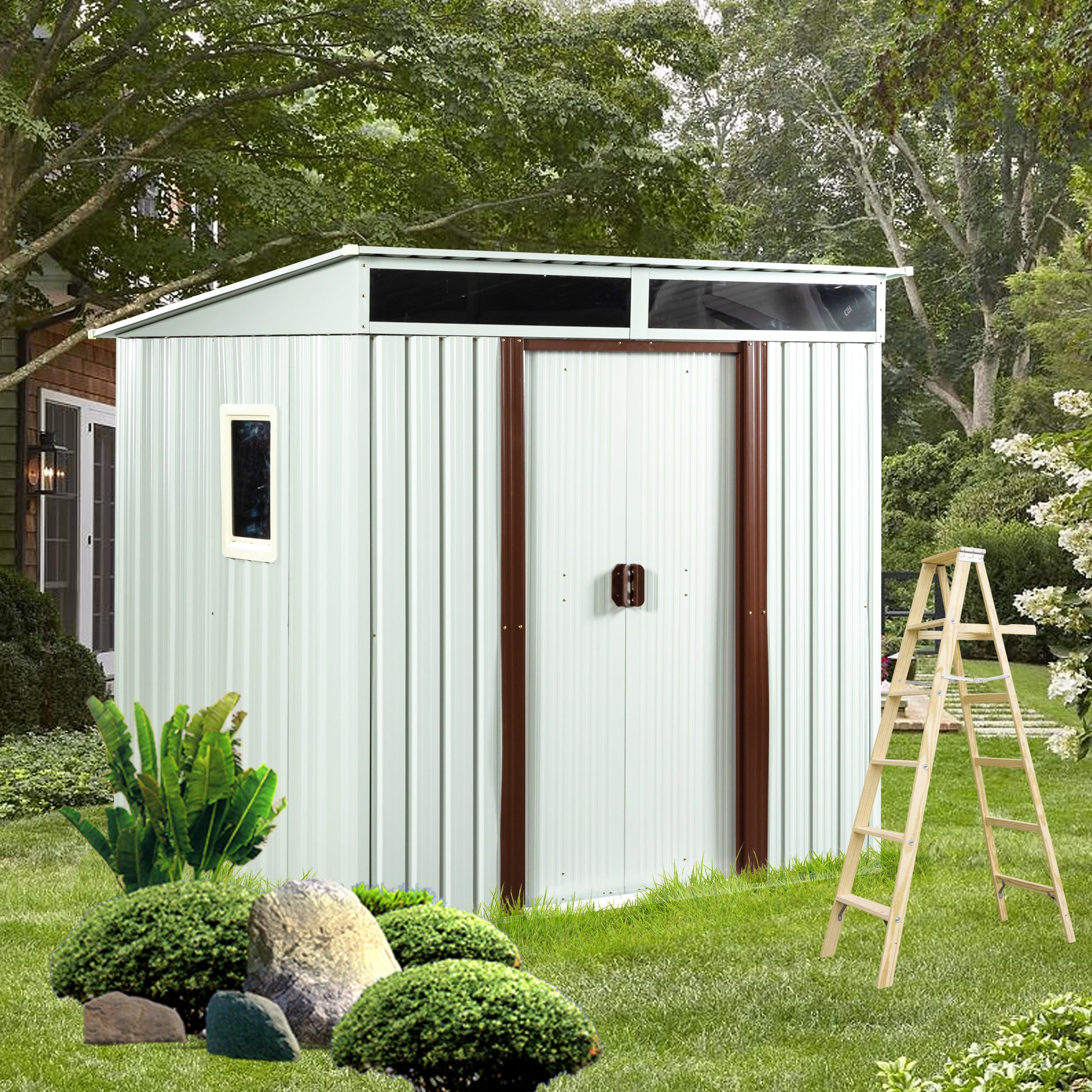 Light gray corrugated metal shed with brown trim and double doors for garden storage