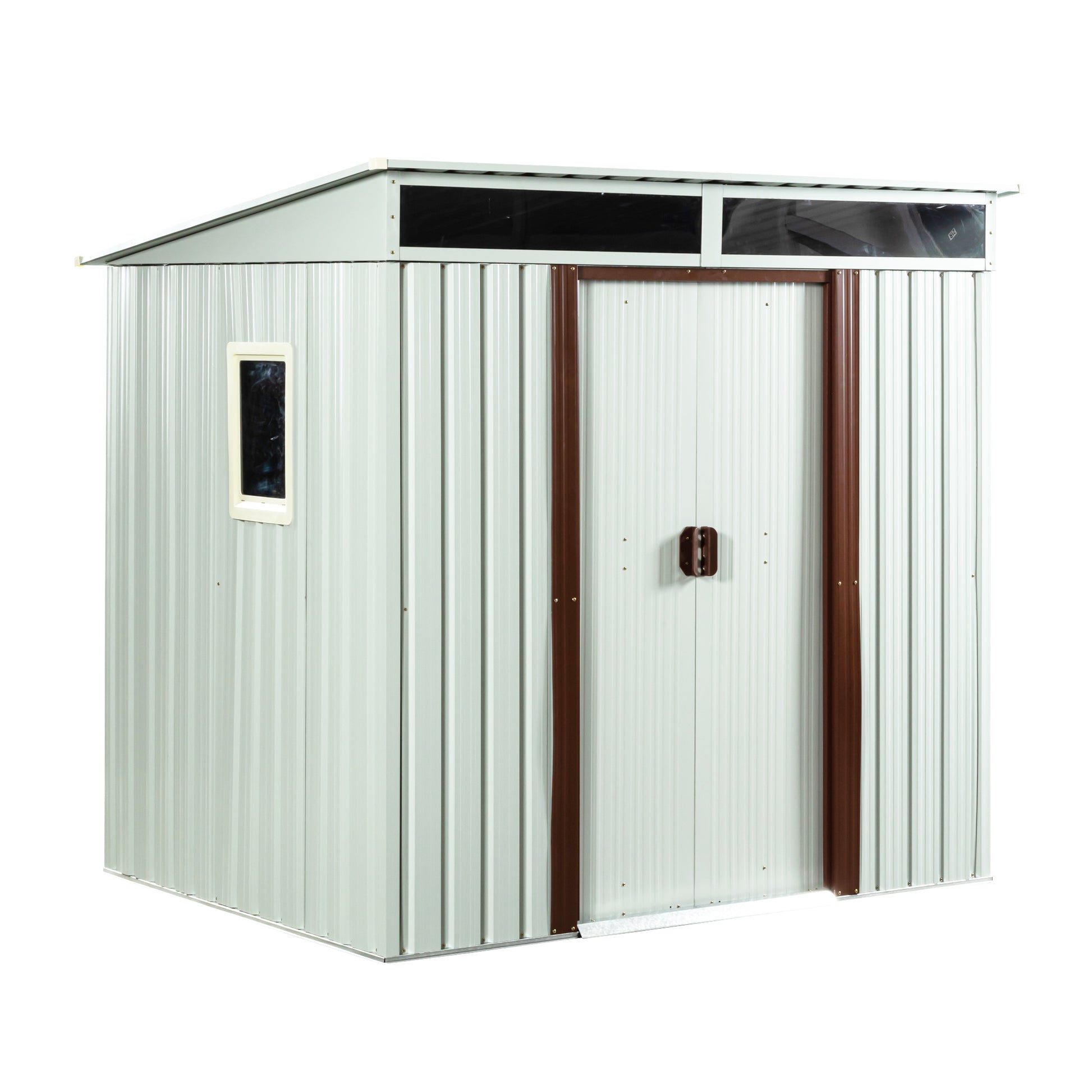 Light grey metal garden shed with double doors and a small window