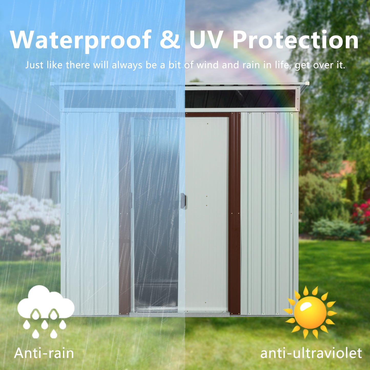Metal storage shed with waterproof and UV protection features