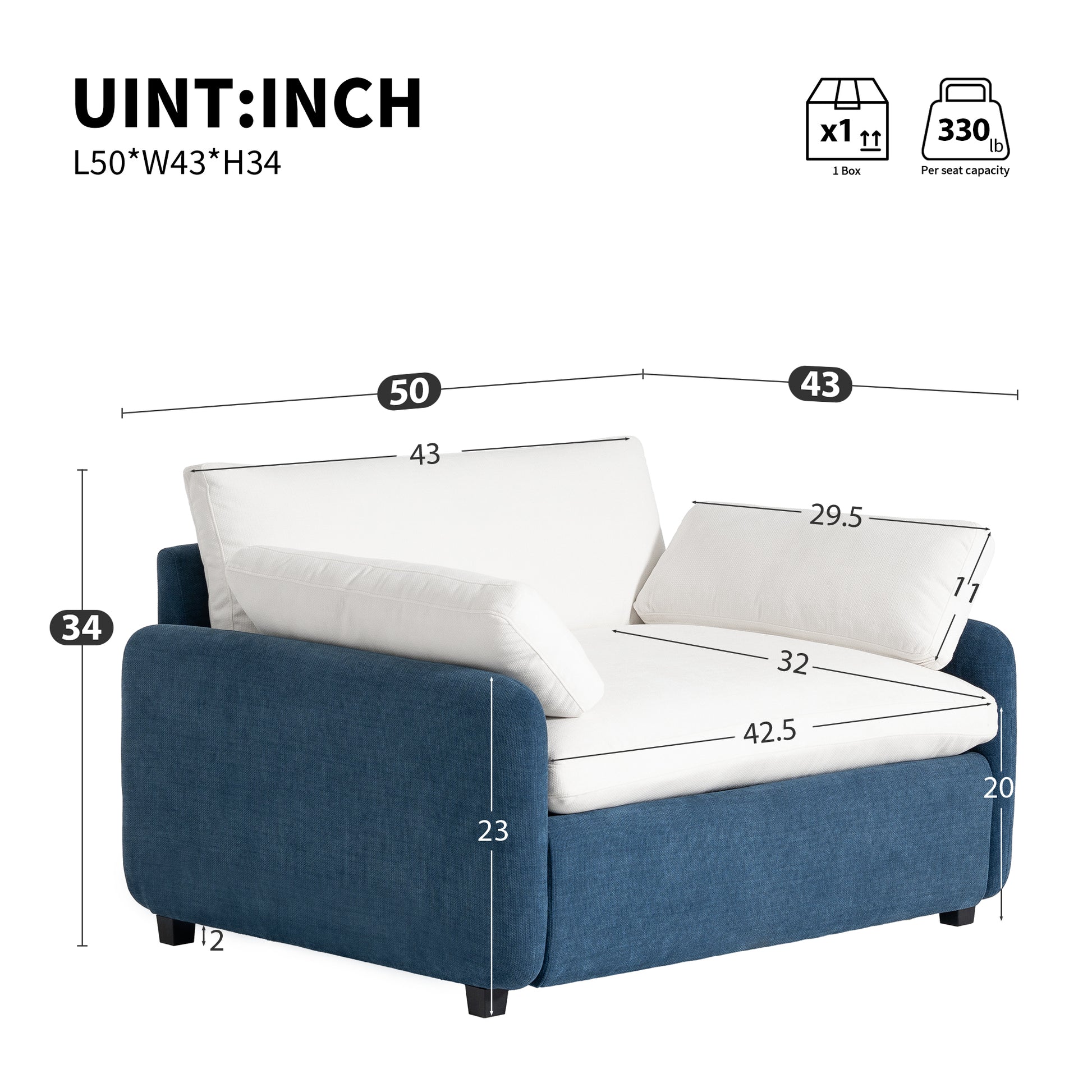 Blue fabric loveseat with white cushions dimensions indicated