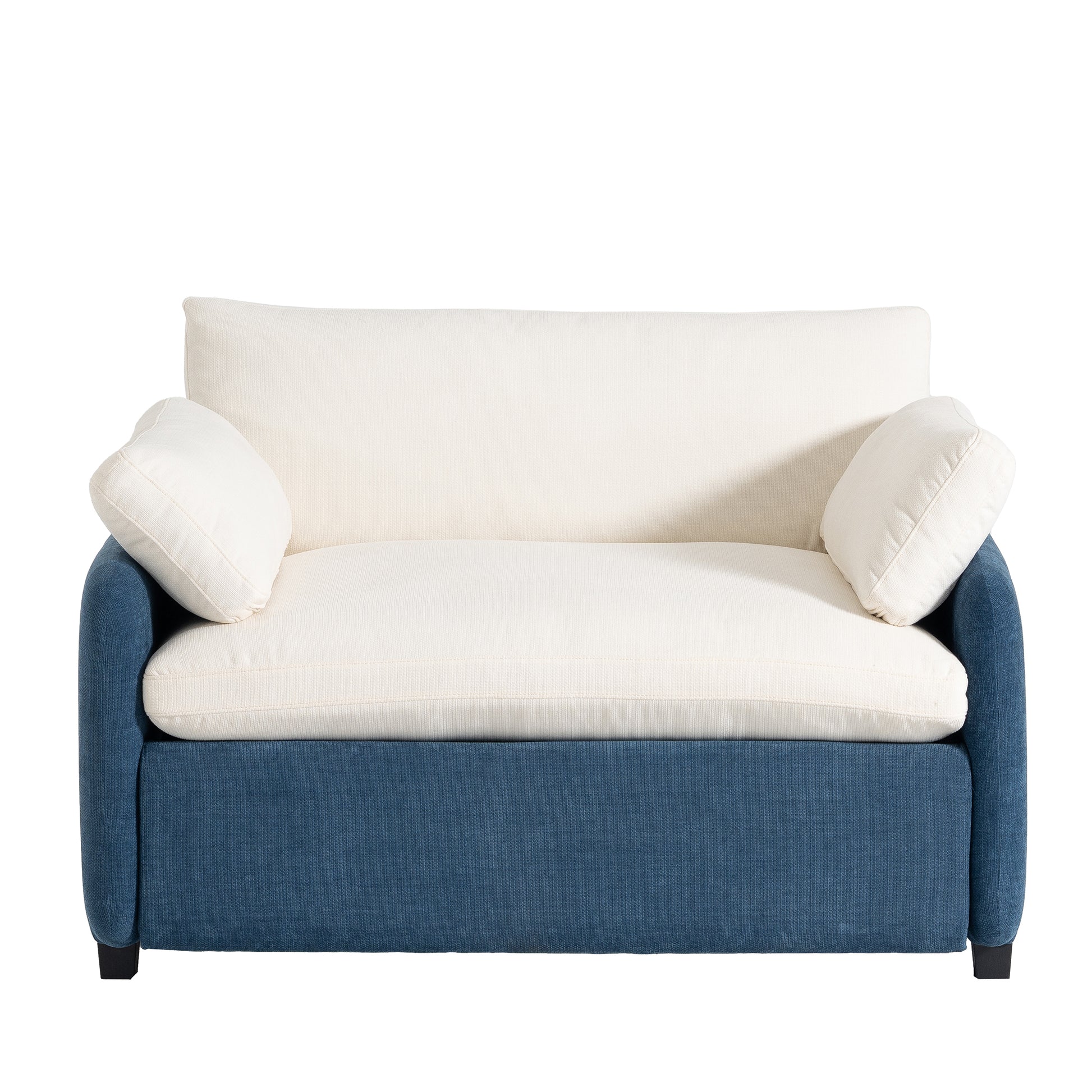Blue and cream fabric accent chair with plush seat cushions and armrests