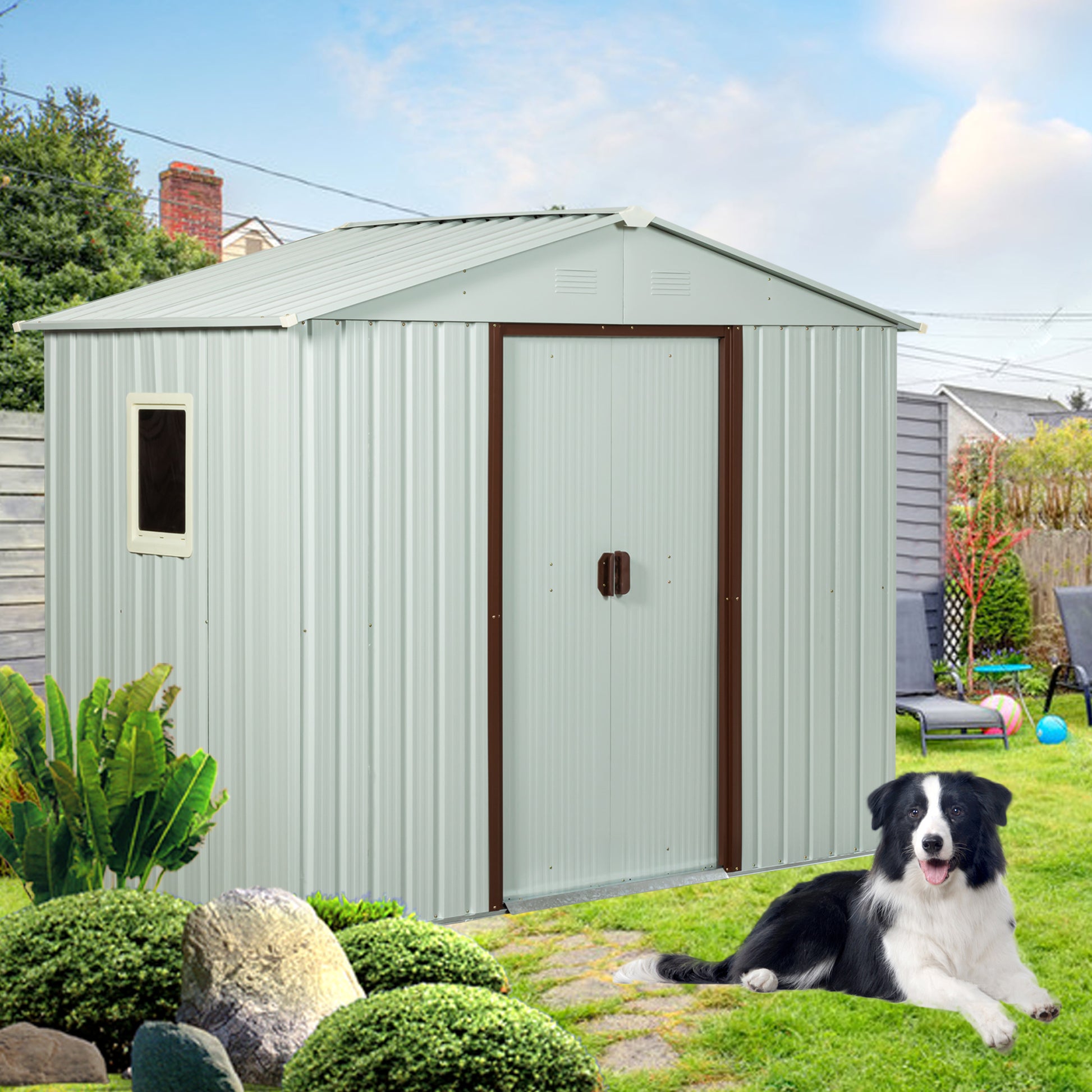 Light gray metal garden shed with brown trim and a small window