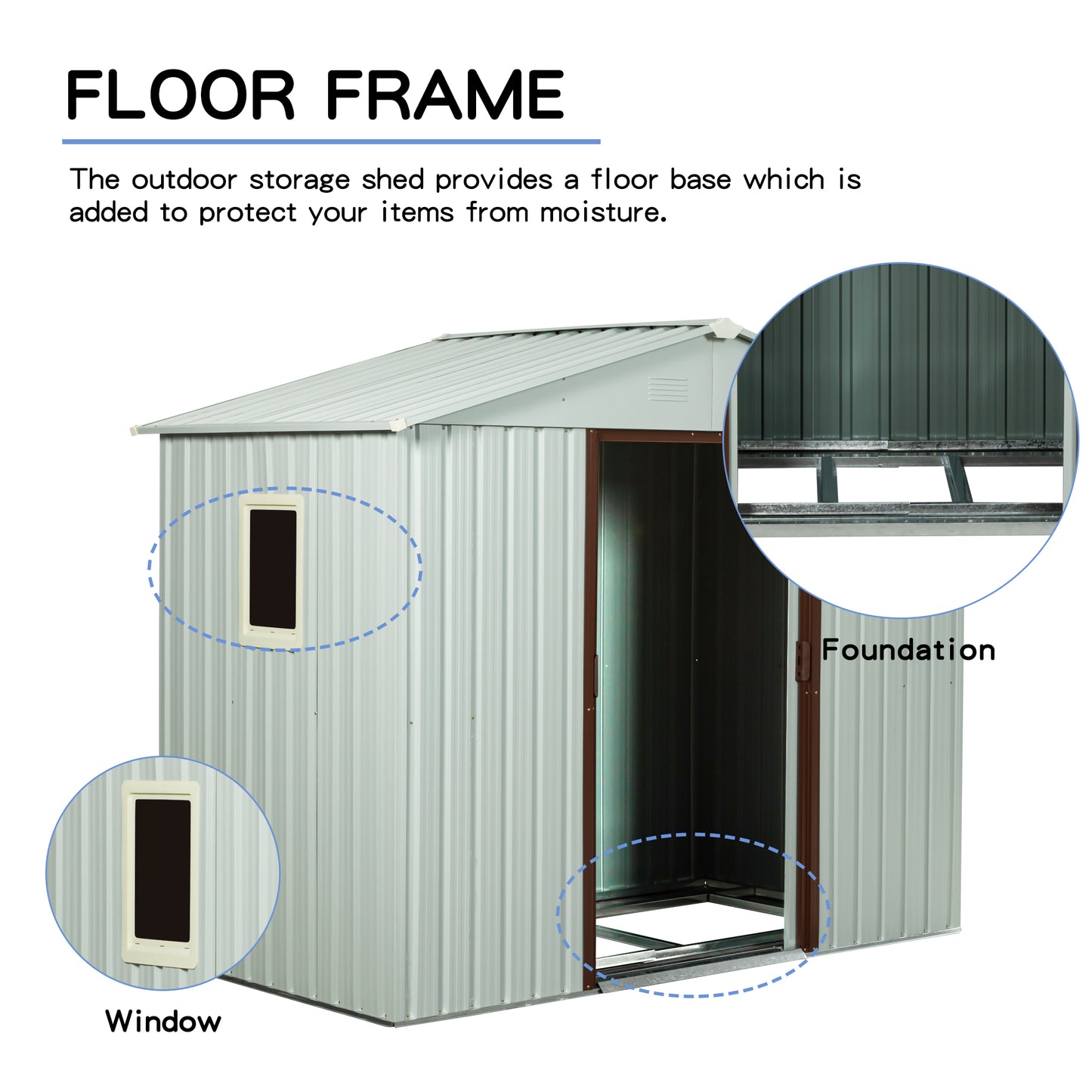 Light gray metal outdoor storage shed with brown door frame and white trim
