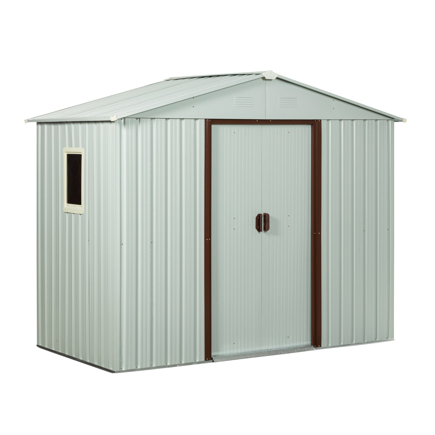 Light grey corrugated metal garden shed with double doors and a window