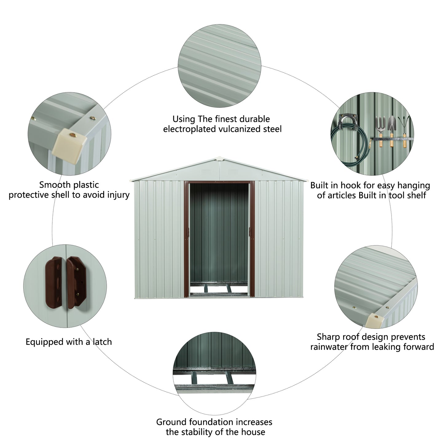 Light gray metal garden shed with double doors and a sharp roof design