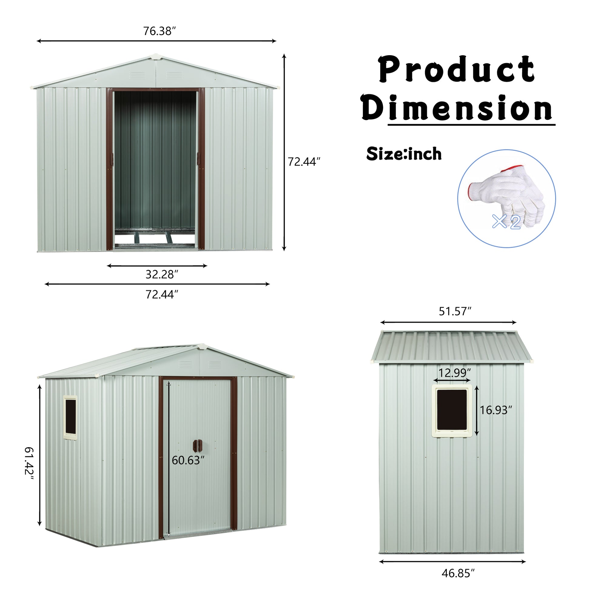 Pale gray metal storage shed with double doors and a small window