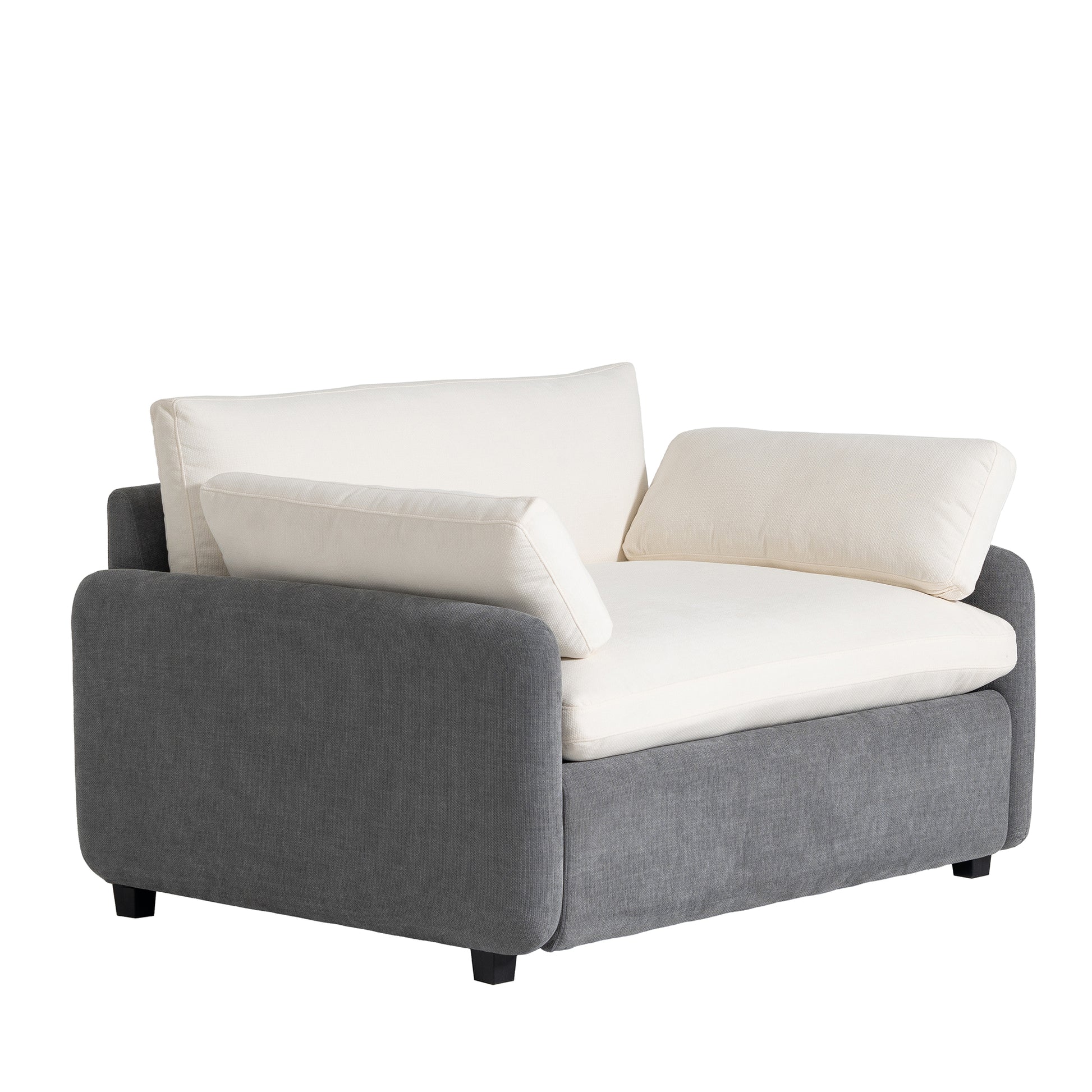 Gray upholstered modern accent chair with cream cushions perfect for small spaces