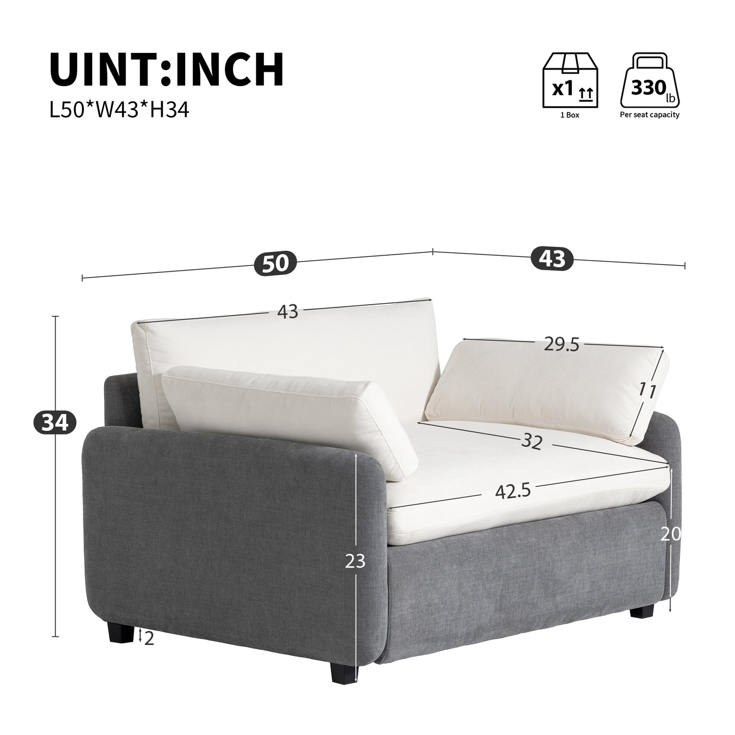 Gray fabric loveseat with white cushions and measurements  W