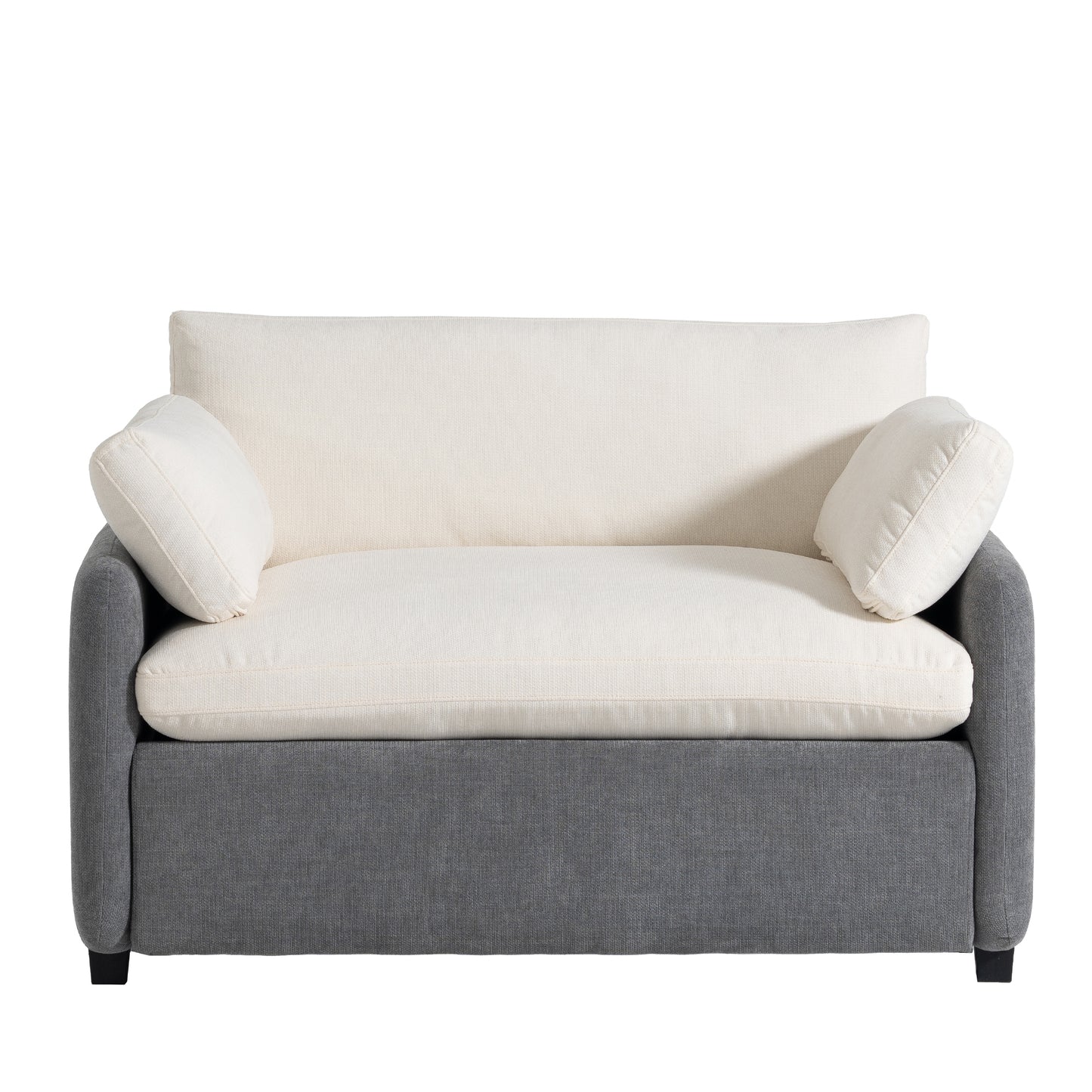 Modern loveseat in cream fabric with grey linen base and accent pillows