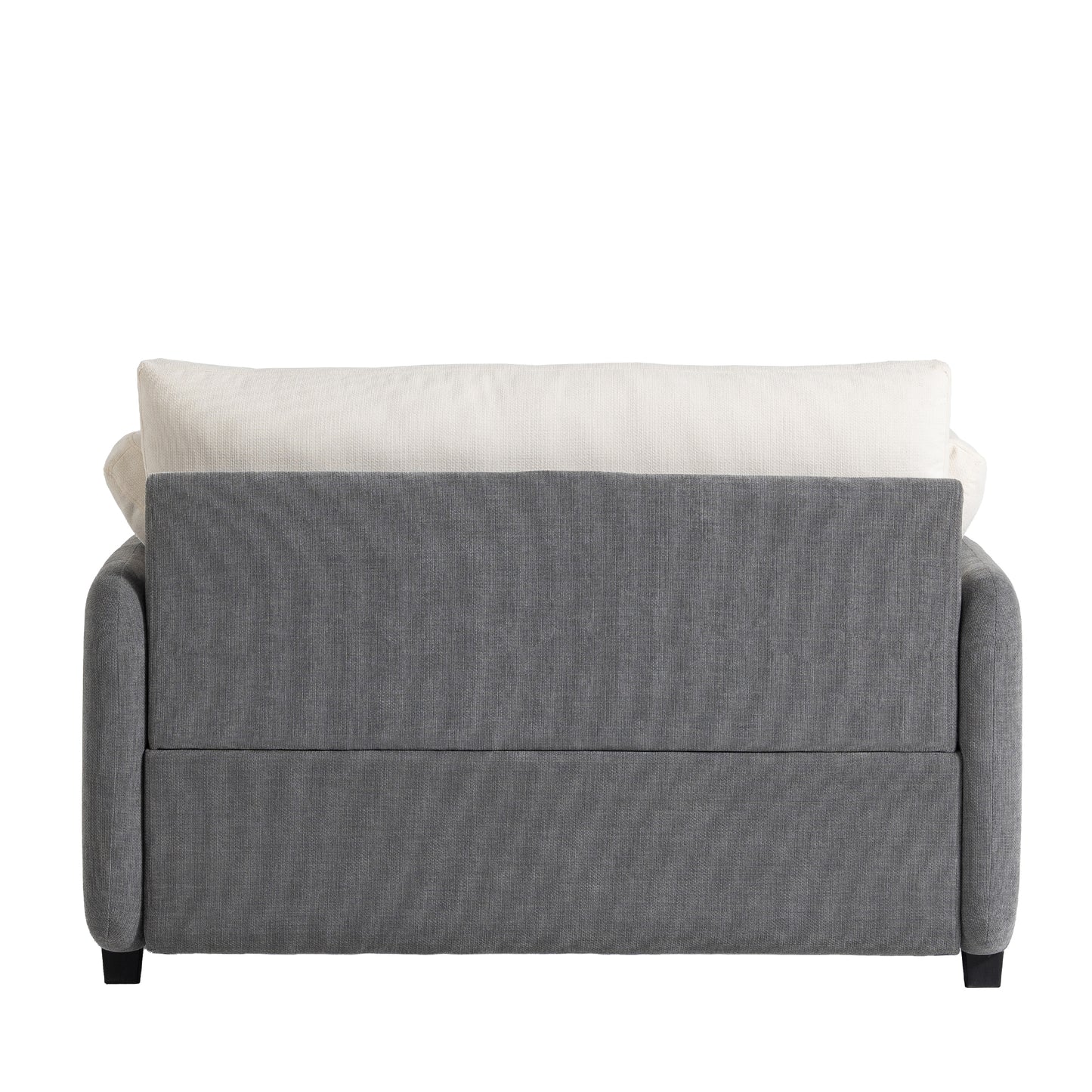 Gray fabric sofa with cream accent pillows modern living room furniture