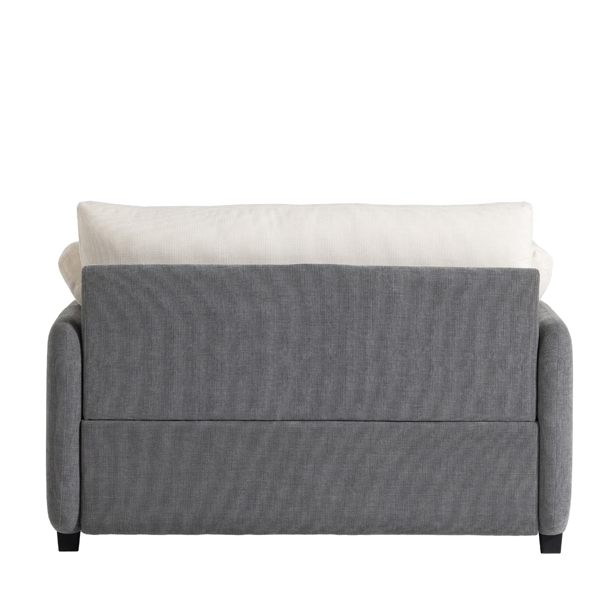 Gray fabric sofa with cream accent pillows modern living room furniture