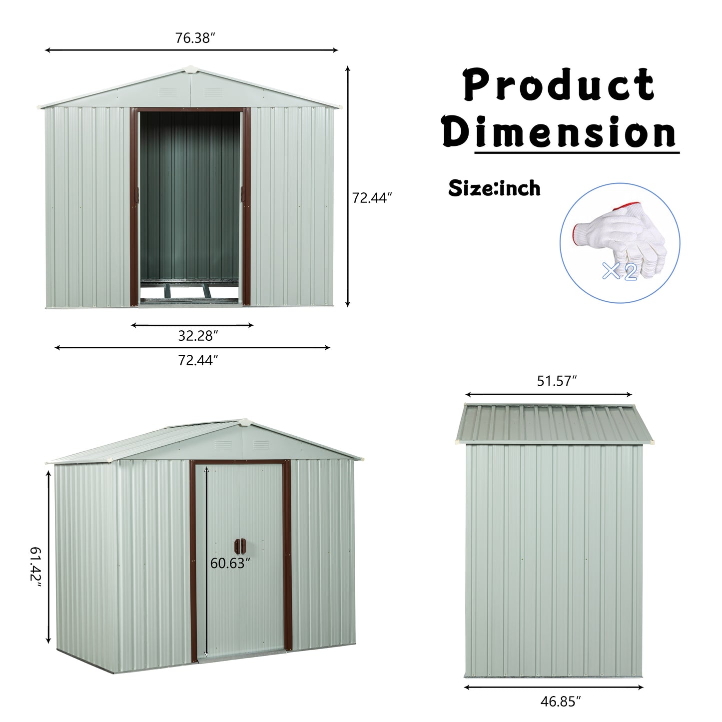 Light gray metal storage shed with double doors dimensions  W x  H