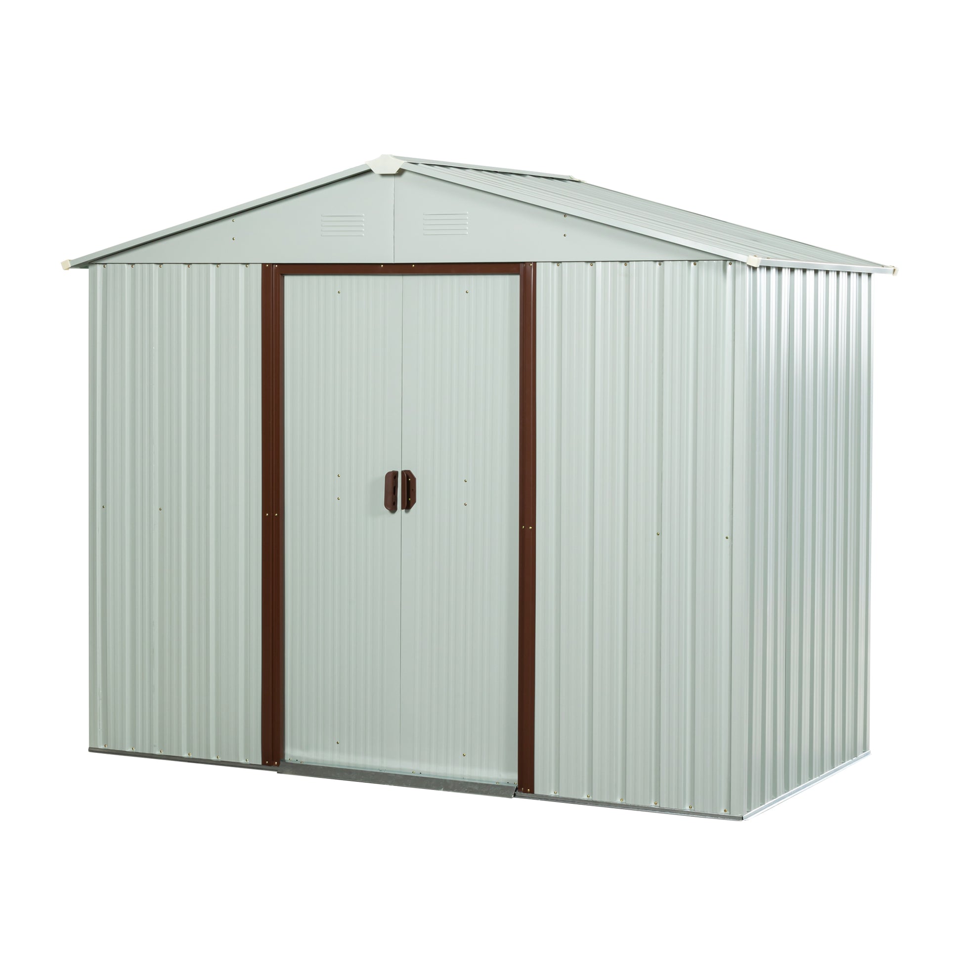Light gray metal garden shed with brown trim and double doors for outdoor storage