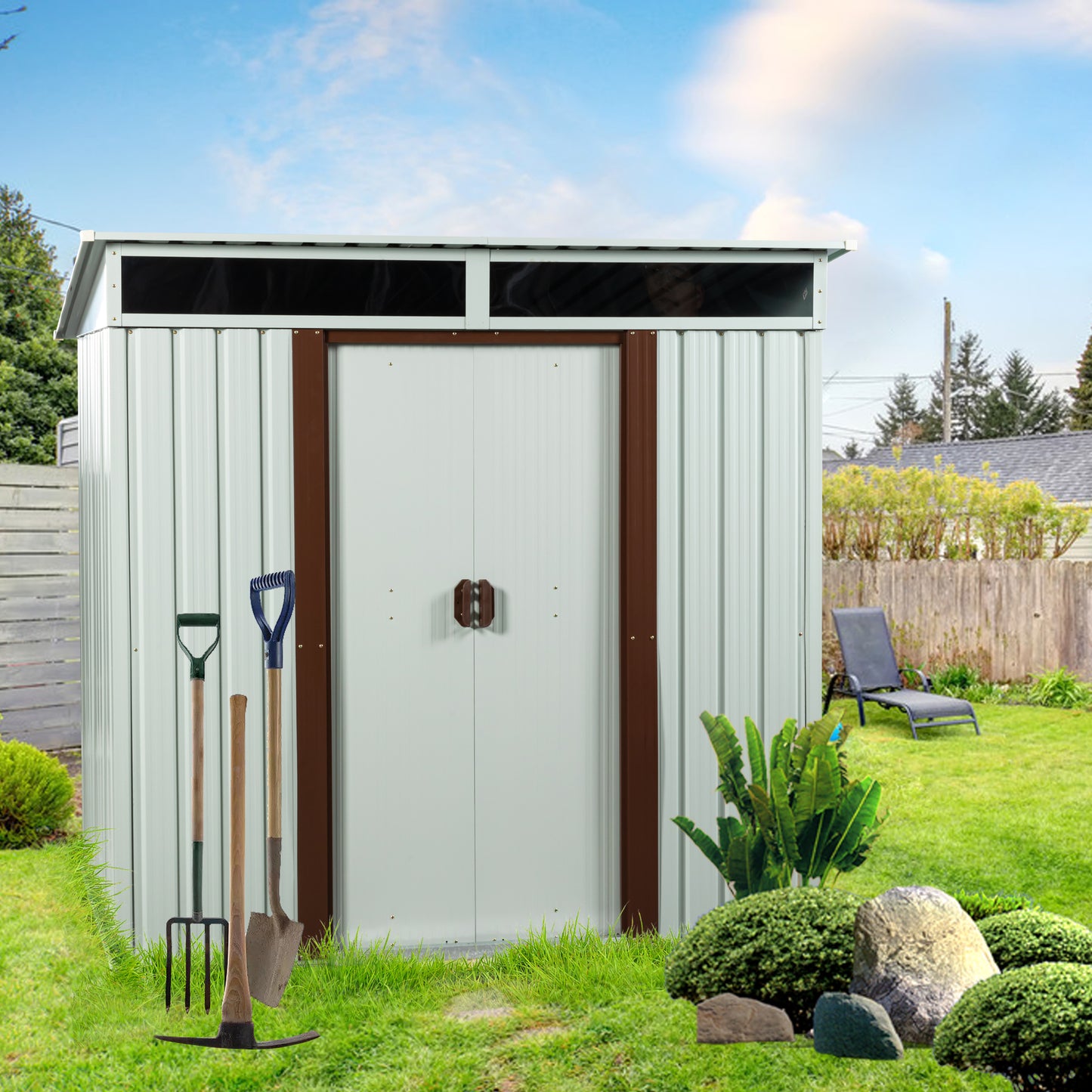 Light grey metal garden shed with brown trim and double doors