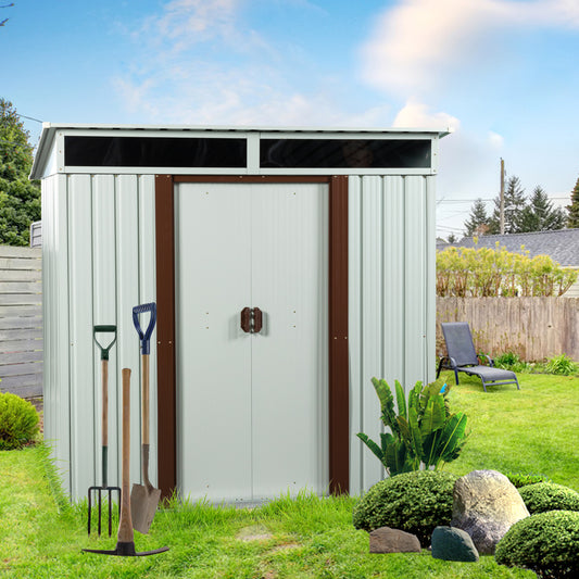 Light grey metal garden shed with brown trim and double doors