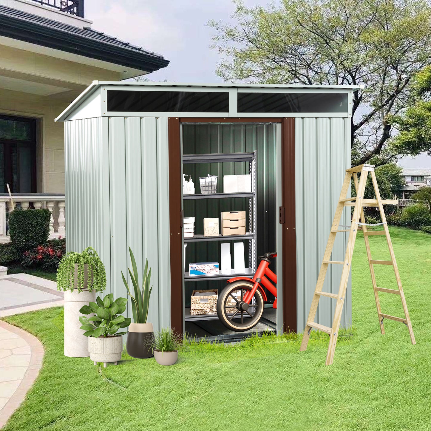 Light gray metal storage shed with brown trim open door revealing shelves and a red bicycle