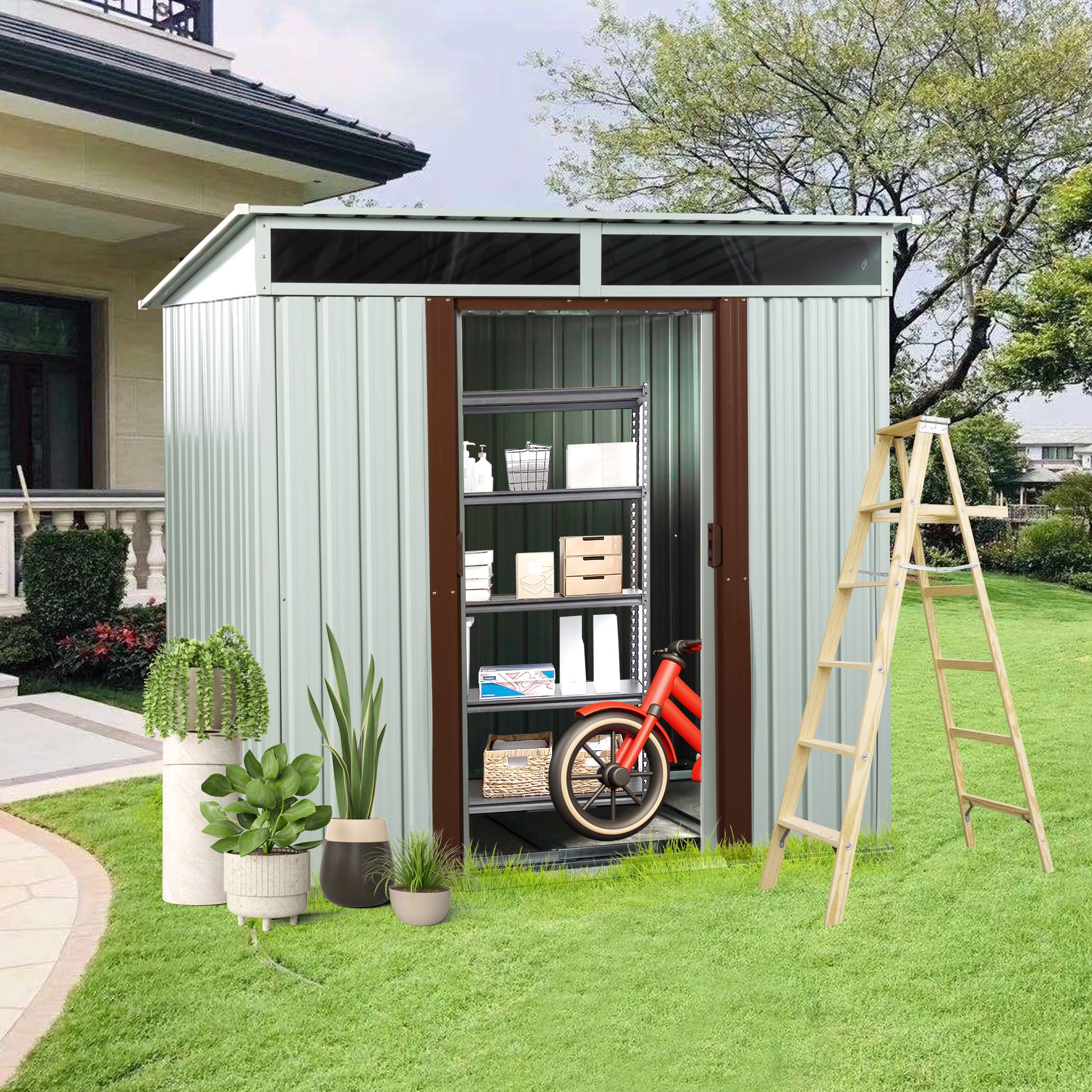 Light gray metal storage shed with brown trim open door revealing shelves and a red bicycle