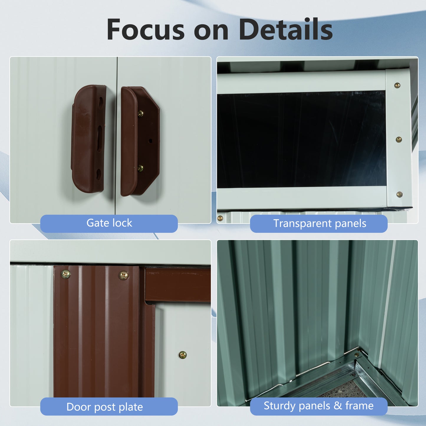 Brown plastic gate lock on a cream storage shed door providing security