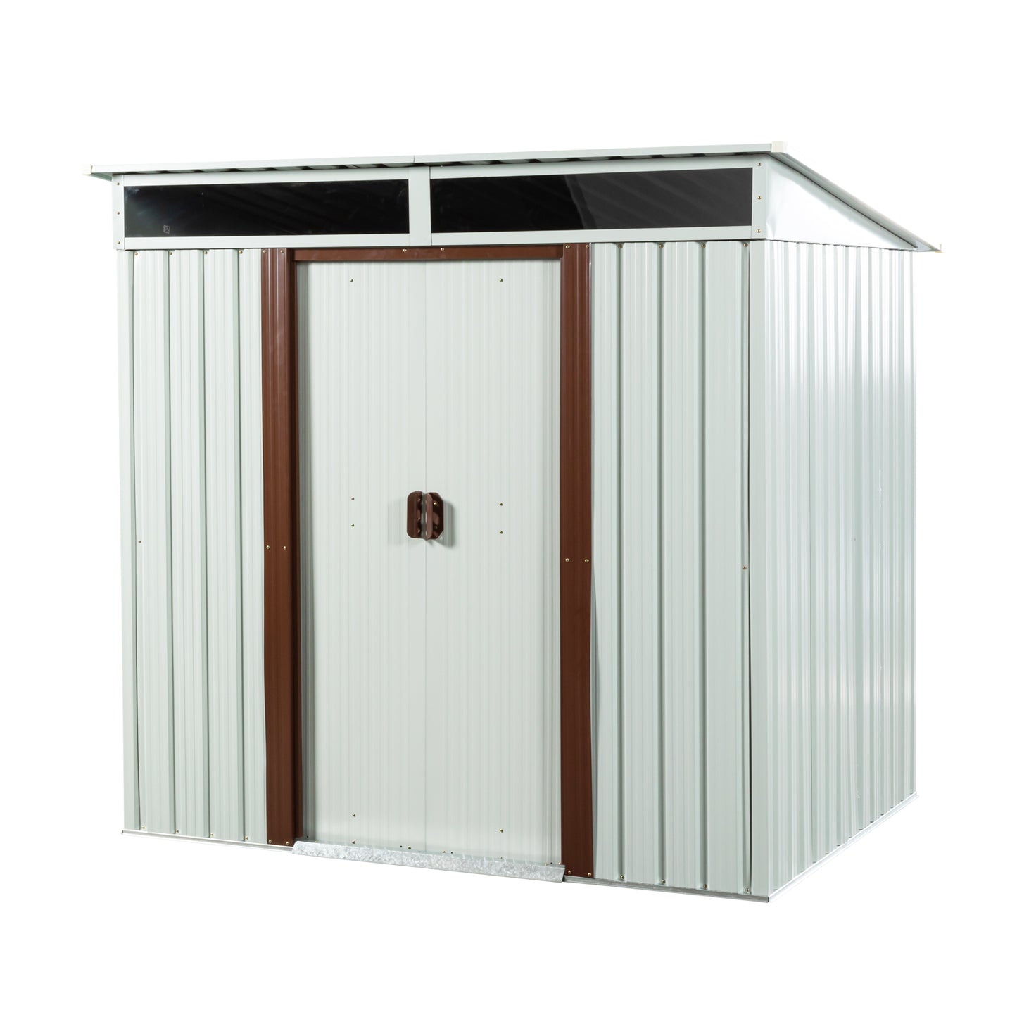 White metal garden shed with brown trim and two windows