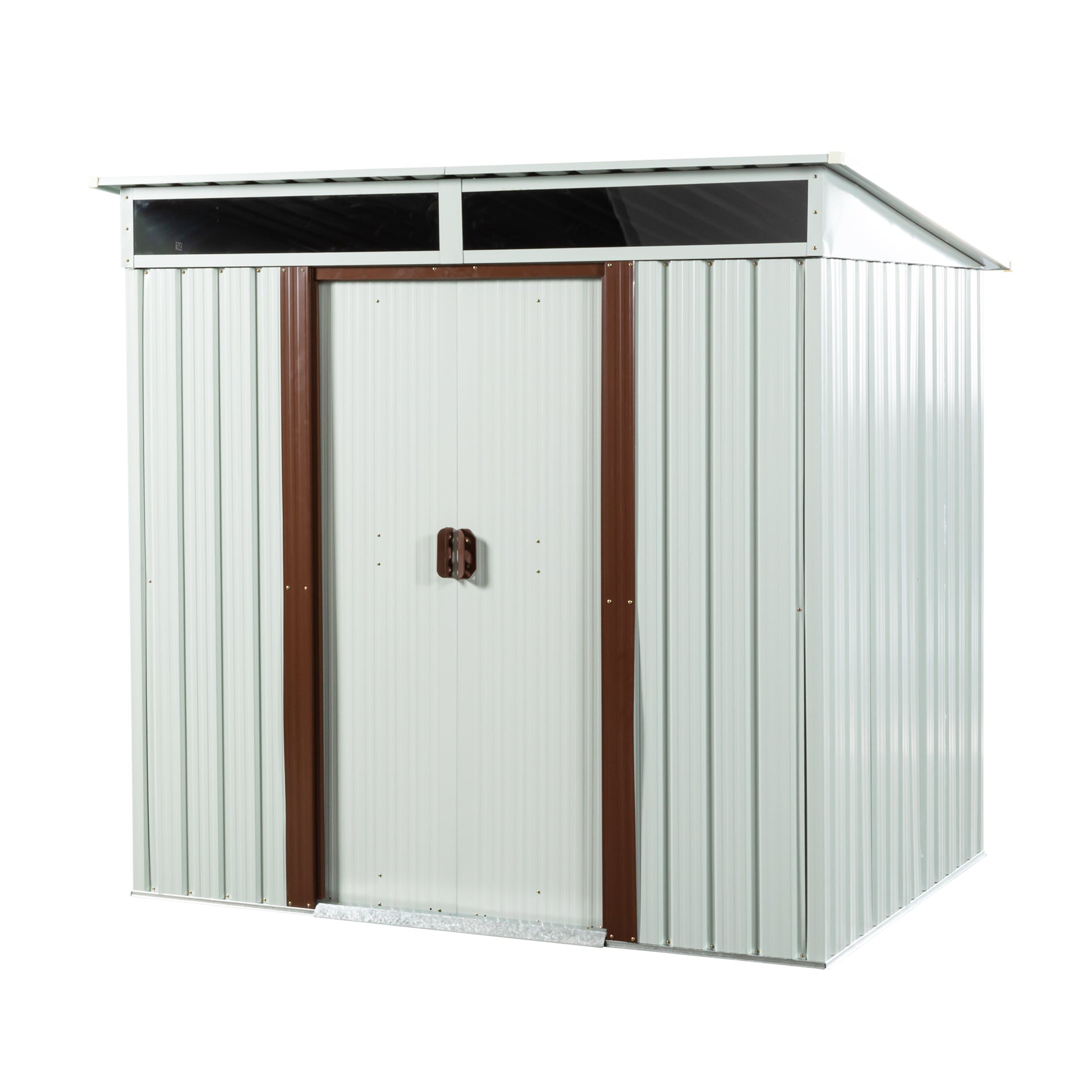 White metal garden shed with brown trim and two windows