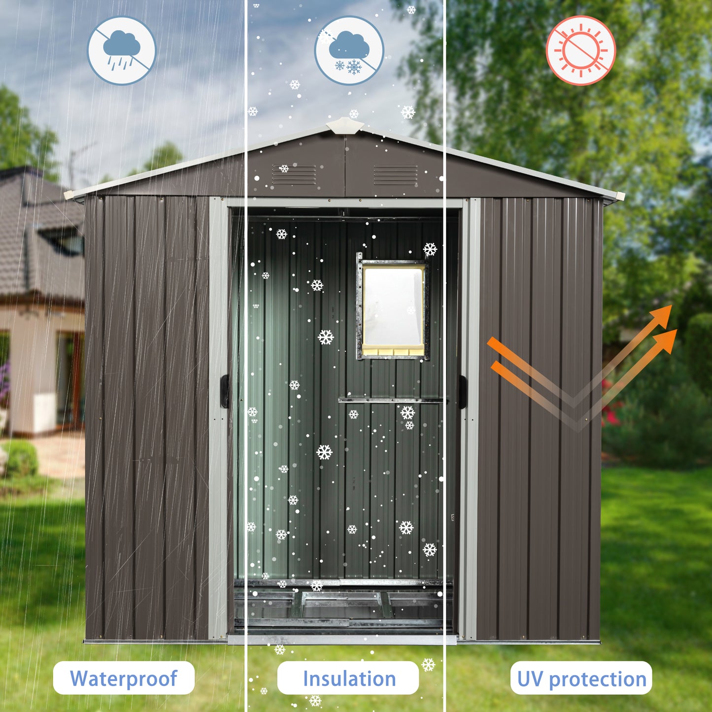 Dark brown metal garden shed showcasing waterproof features during heavy rain