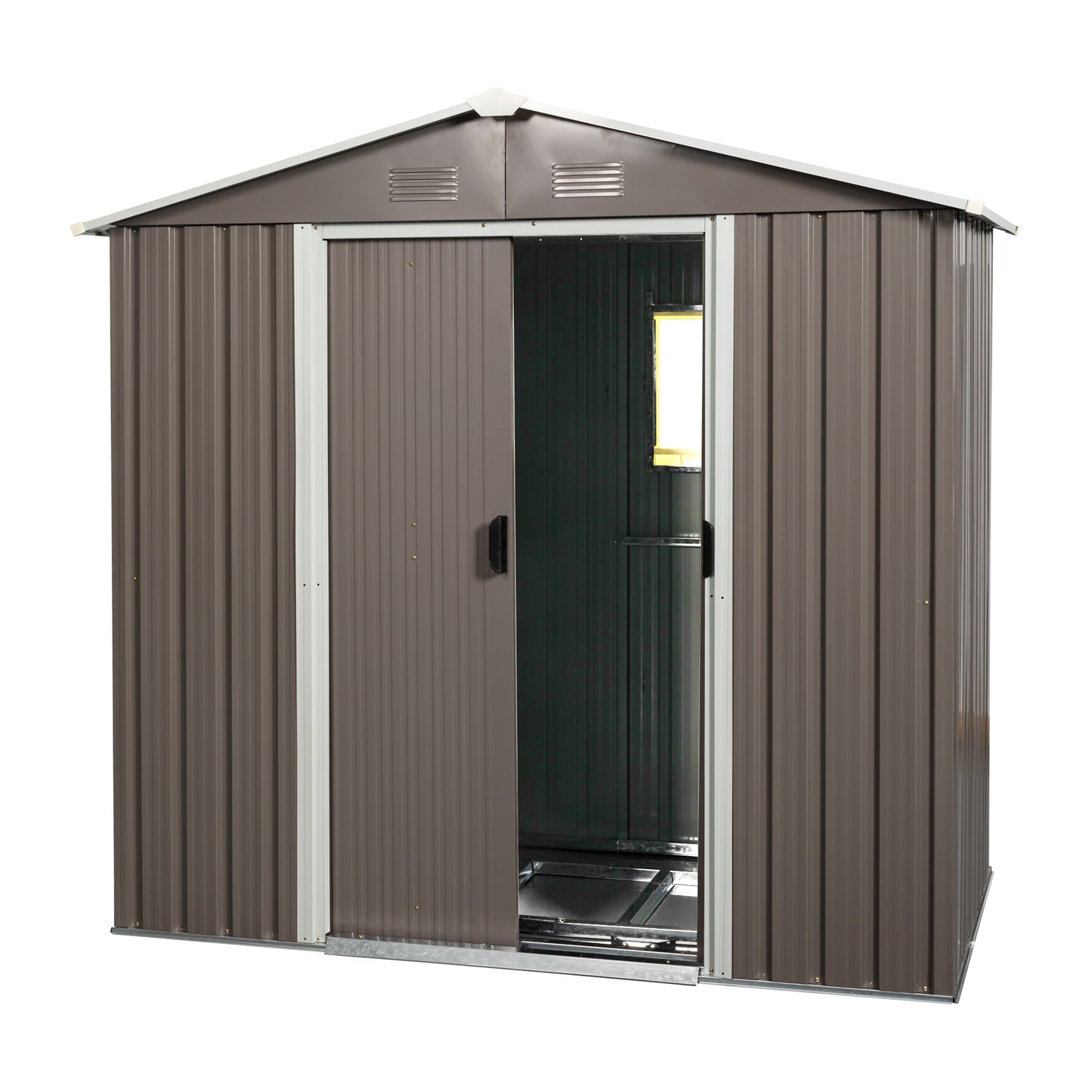 Brown metal garden shed with sliding double doors and a pitched roof perfect for outdoor storage solutions