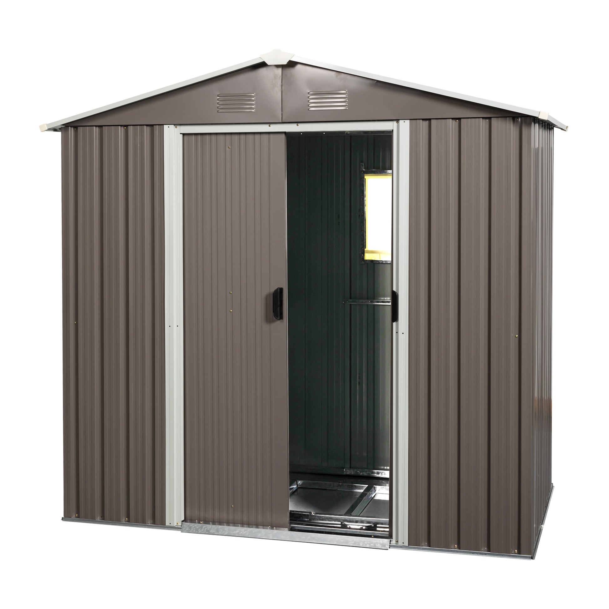 Brown metal garden shed with sliding double doors and a pitched roof perfect for outdoor storage solutions