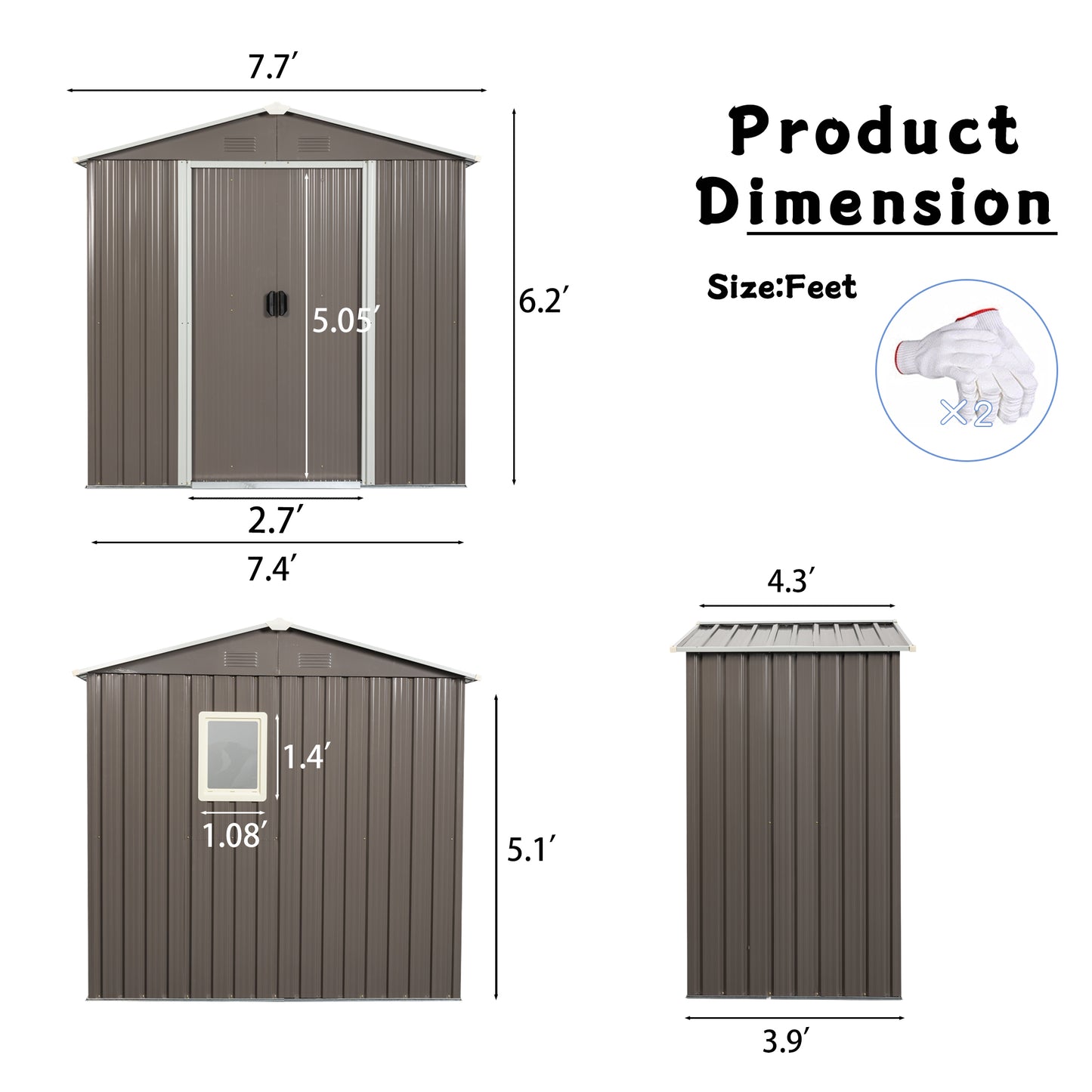 Brown metal garden shed with double doors W x H