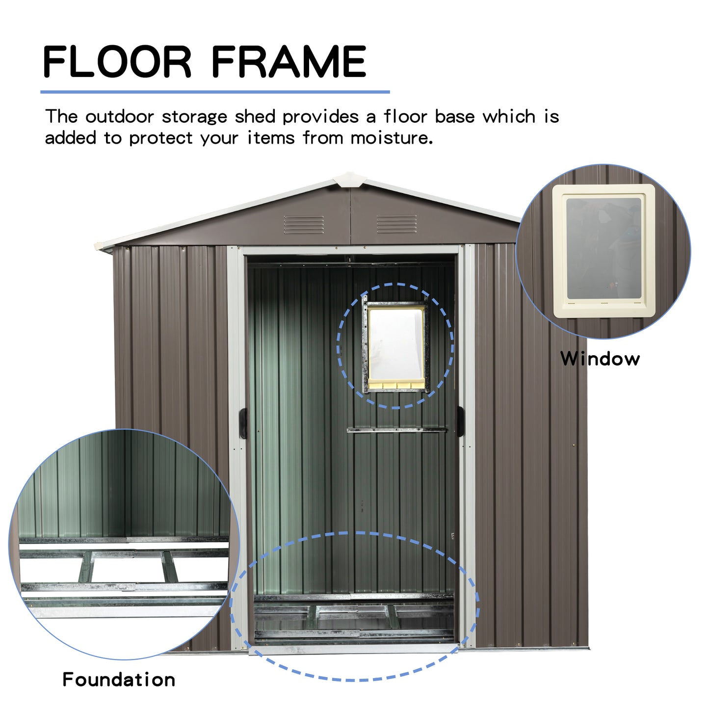 Outdoor storage shed with a sturdy metal floor frame for moisture protection