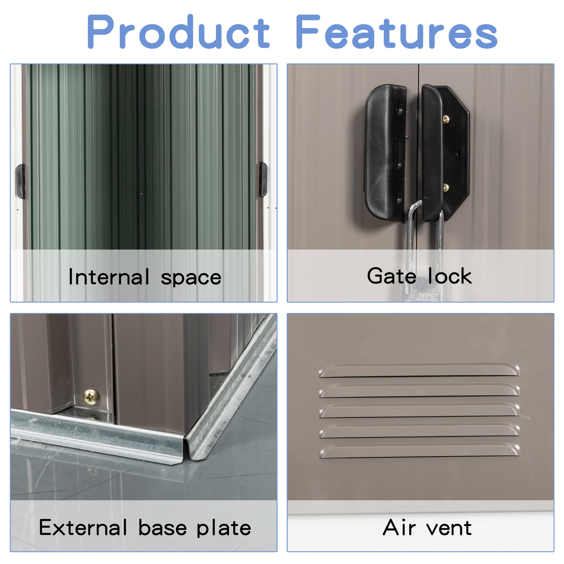 Interior view of a green metal storage shed with ribbed doors and a black handle
