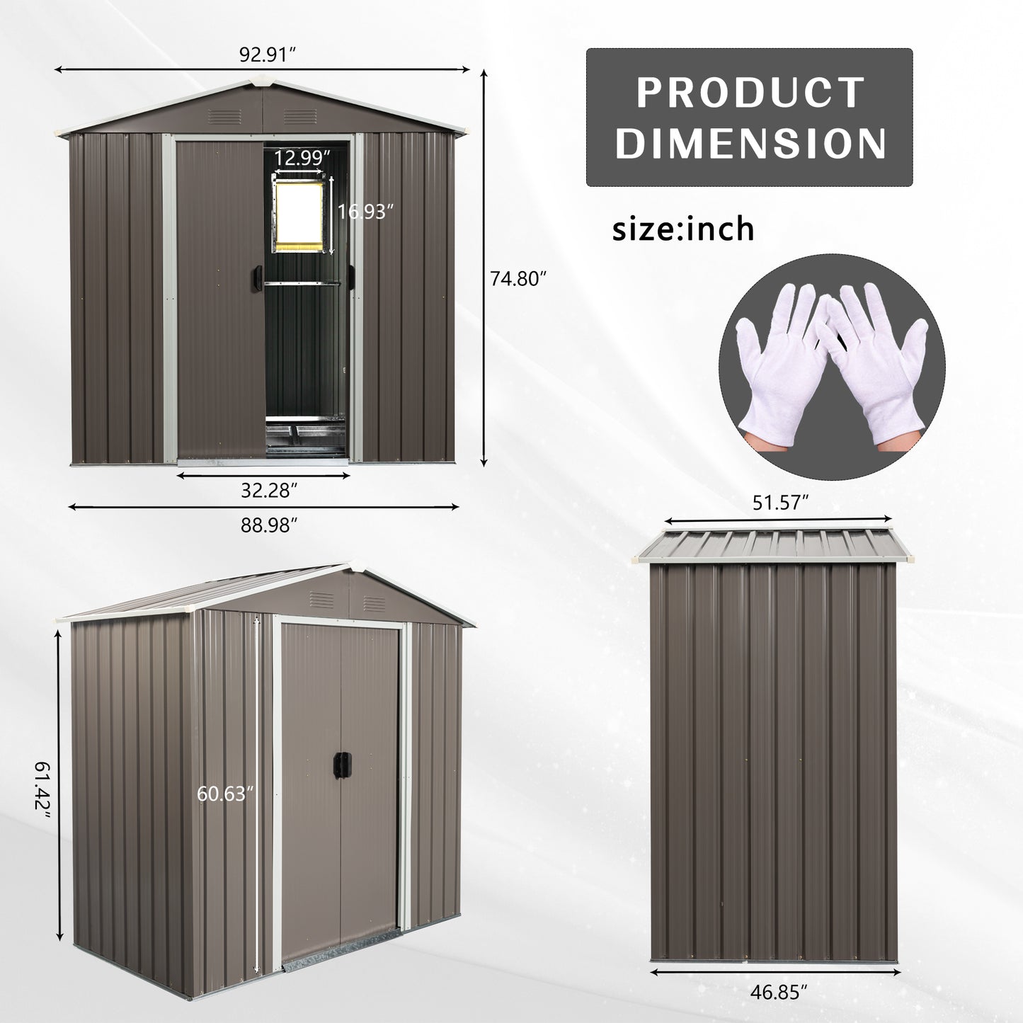 Brown metal storage shed with double doors  W x  H