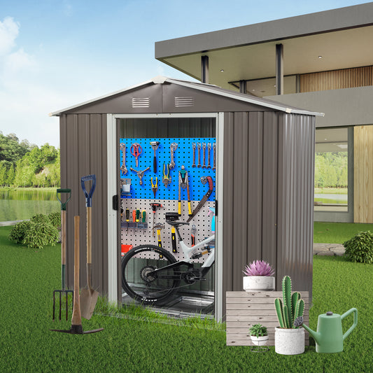Brown metal garden shed with organized tools and bike inside