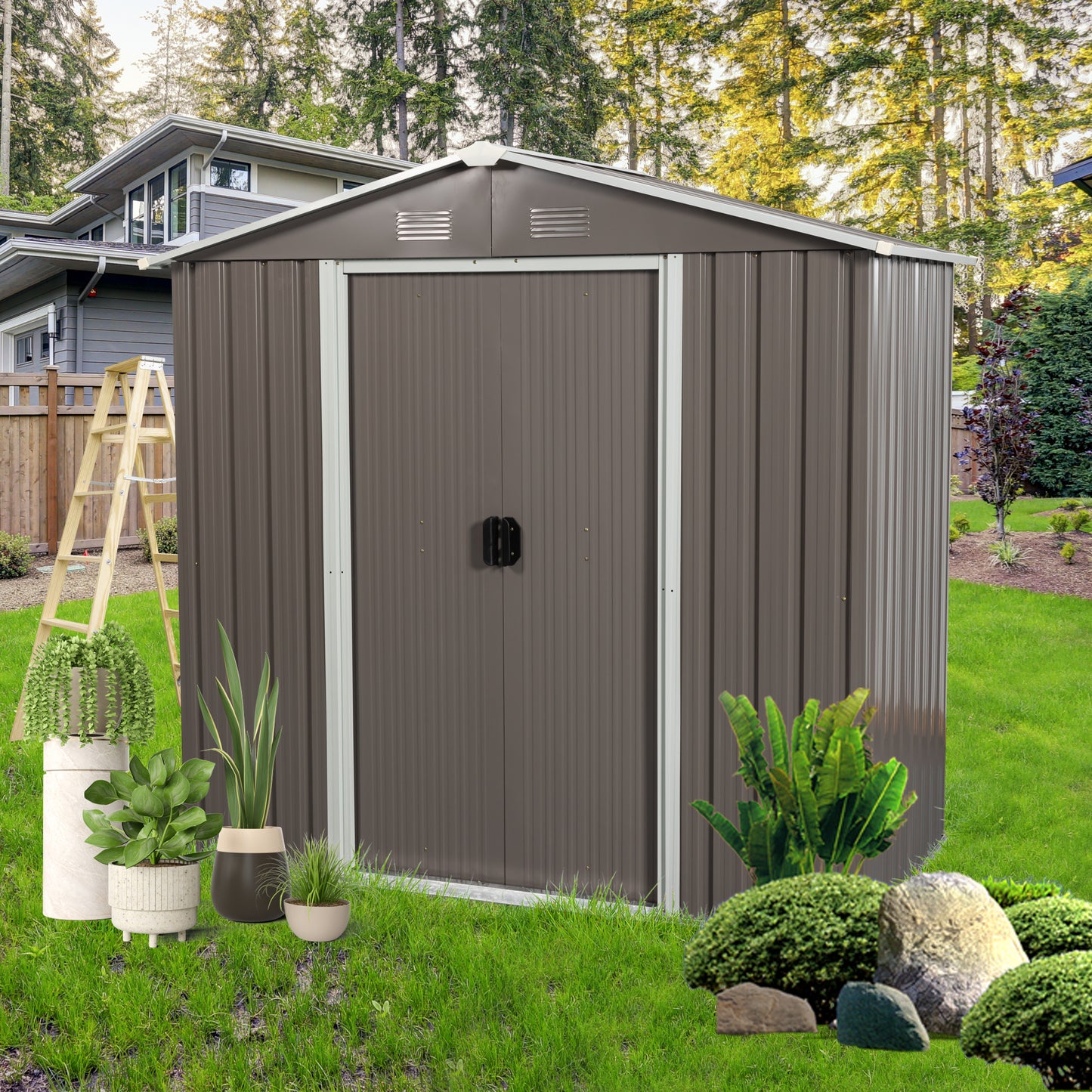 Taupe metal garden shed with double doors perfect for outdoor storage solutions