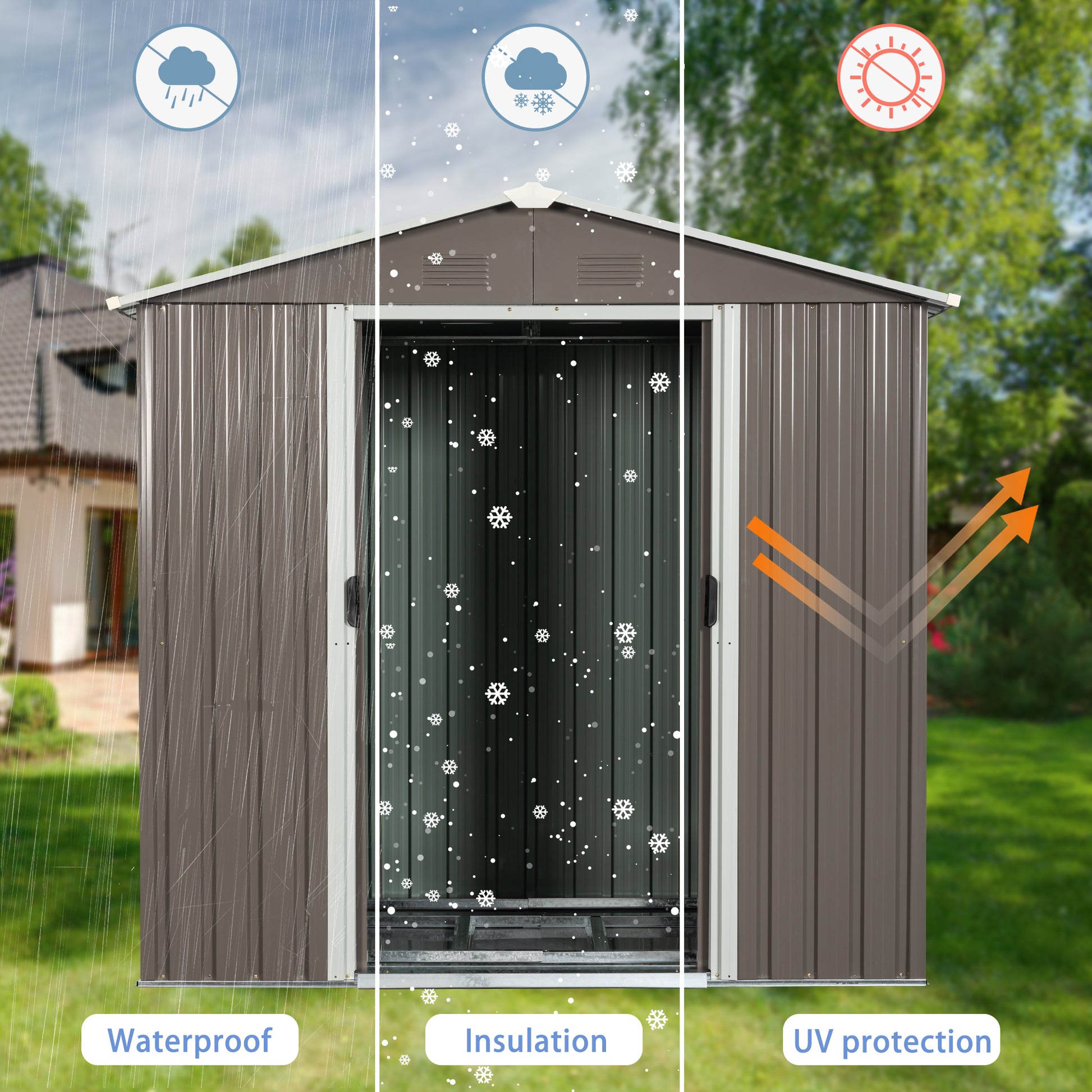 Brown metal garden shed demonstrating waterproof exterior with rain overlay