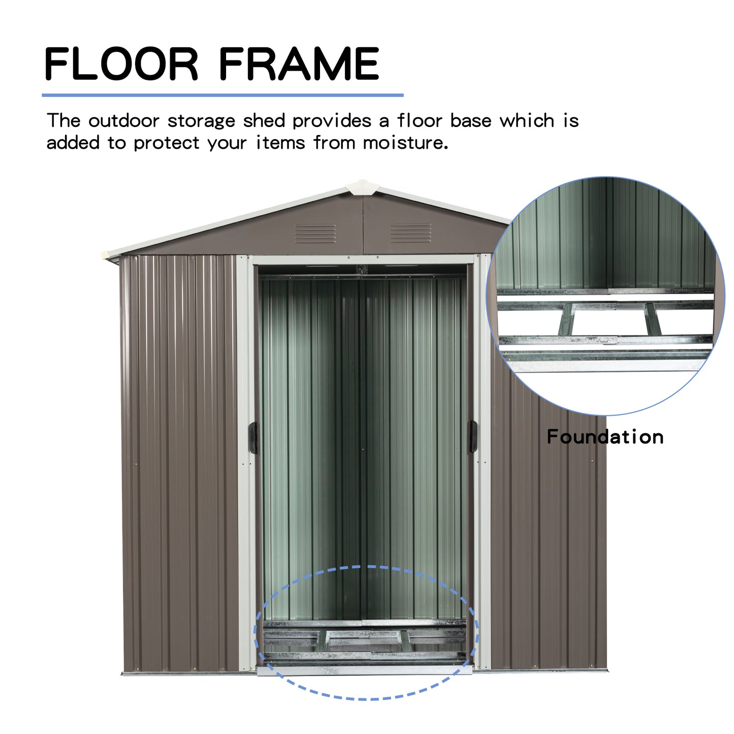 Outdoor shed metal floor frame with foundation support structure