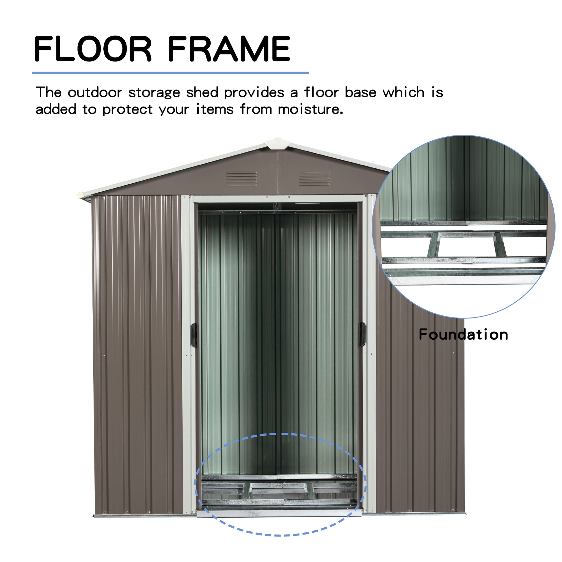Outdoor shed metal floor frame with foundation support structure