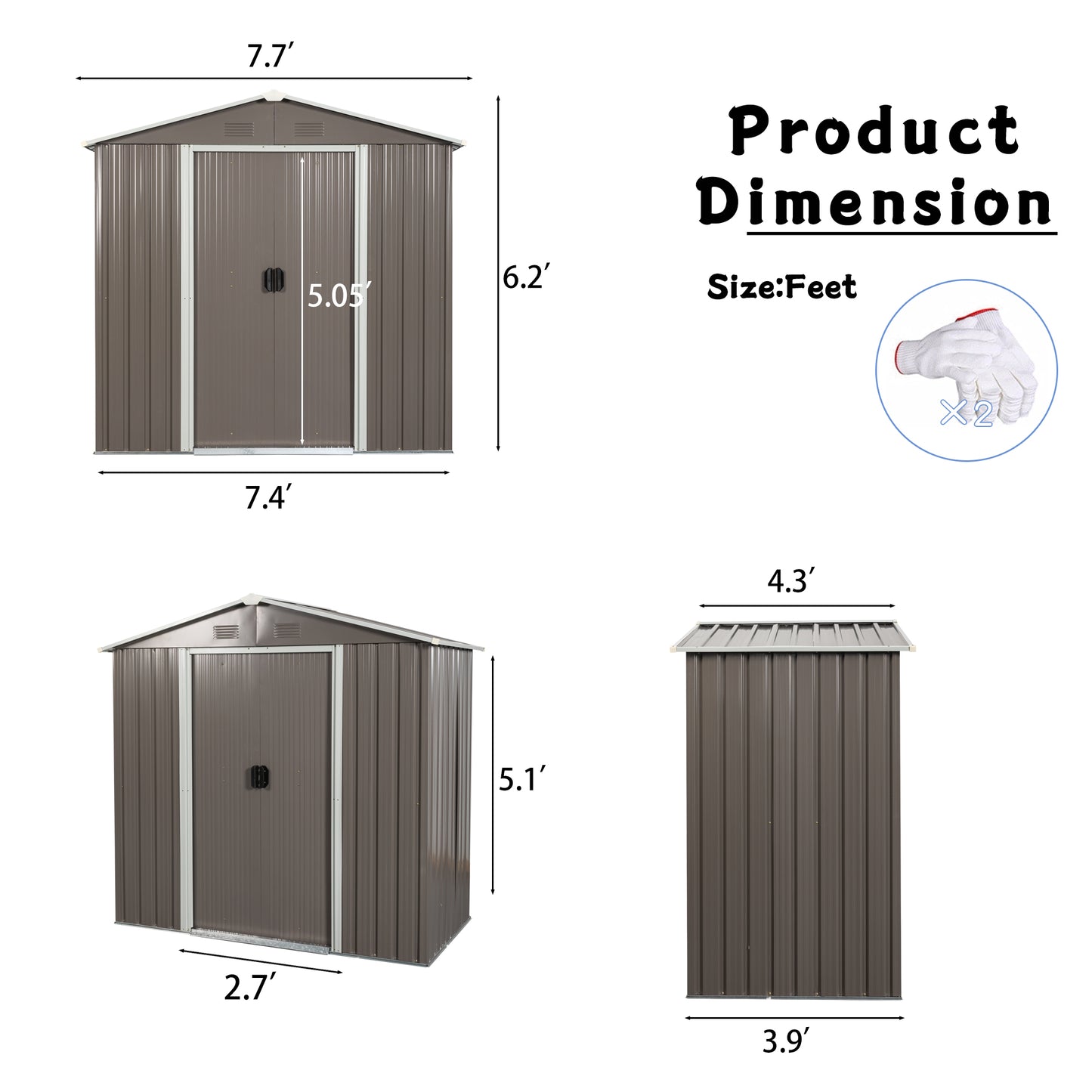 Brown metal storage shed with double doors and  x  dimensions