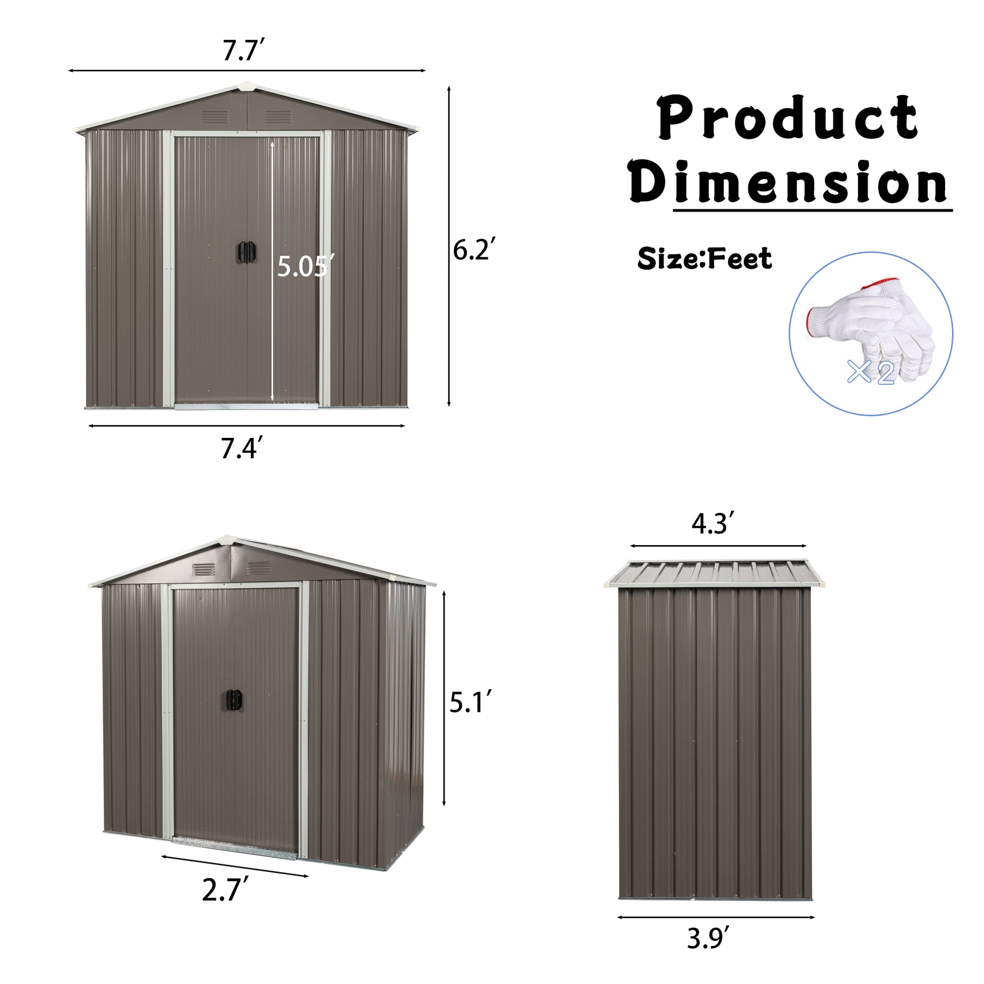Brown metal storage shed with double doors and  x  dimensions