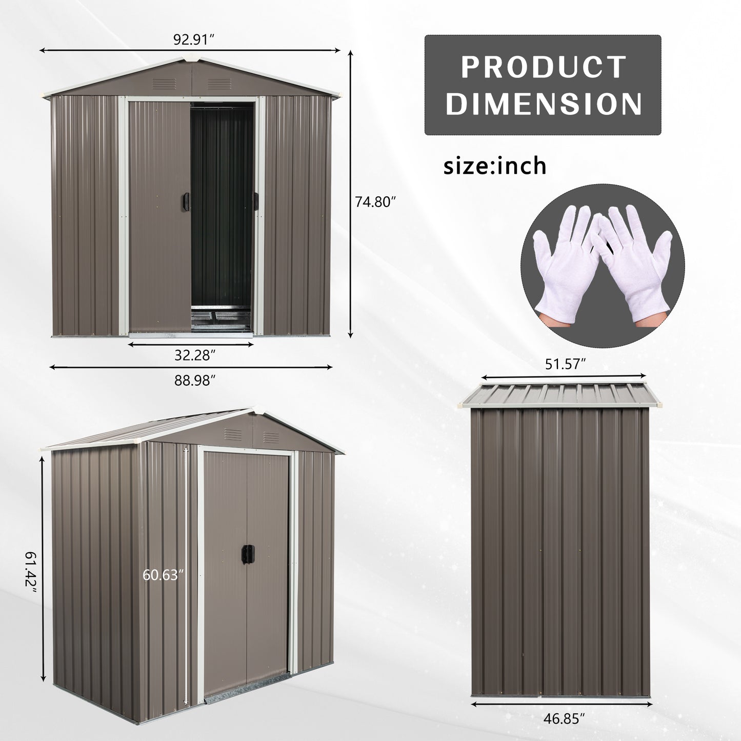 Brown metal storage shed with double doors and corrugated siding Dimensions provided