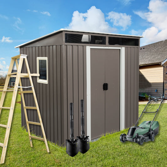 Brown metal garden shed with double doors and a window ideal for outdoor storage