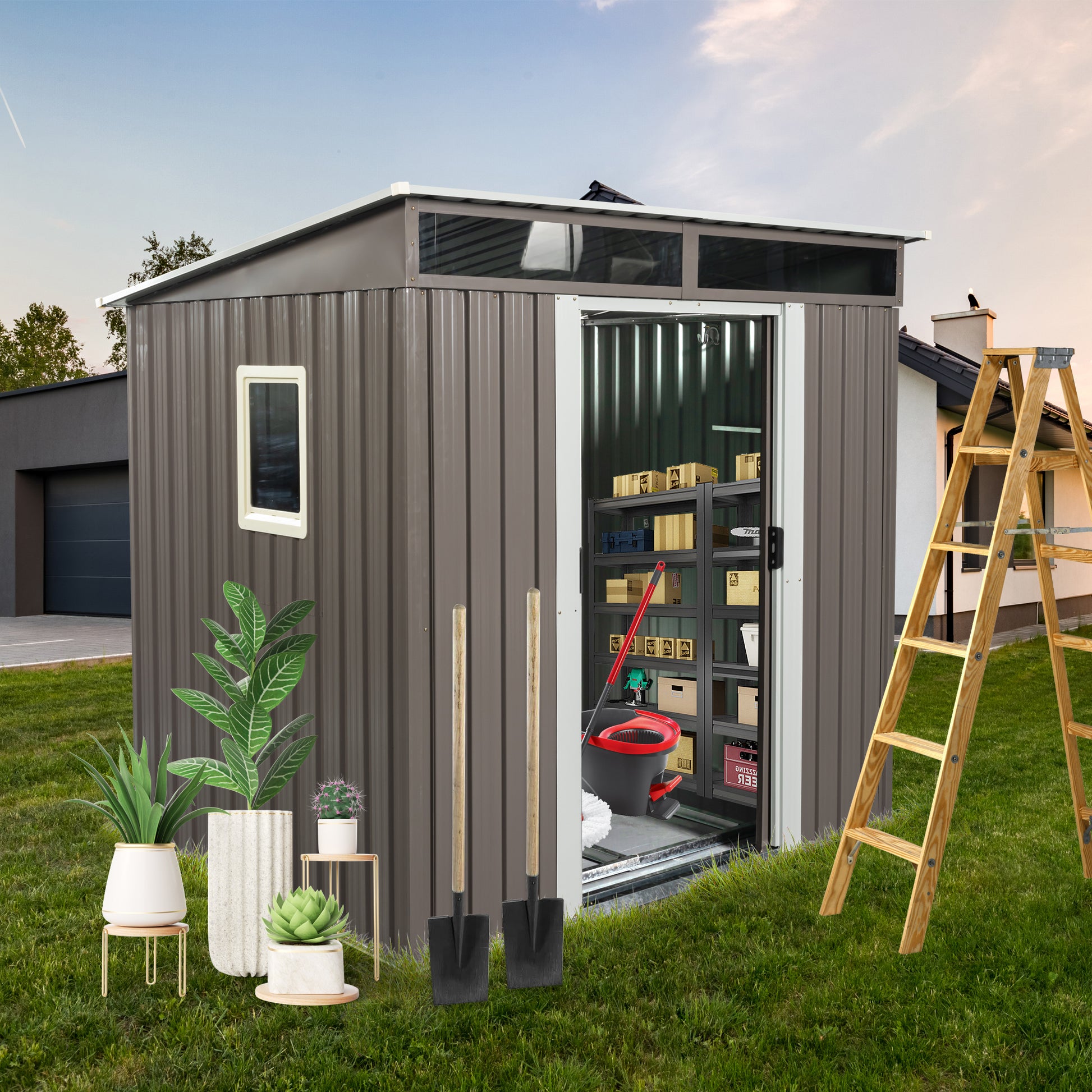 Brown metal garden shed with transparent roof panels storage shelves and gardening tools