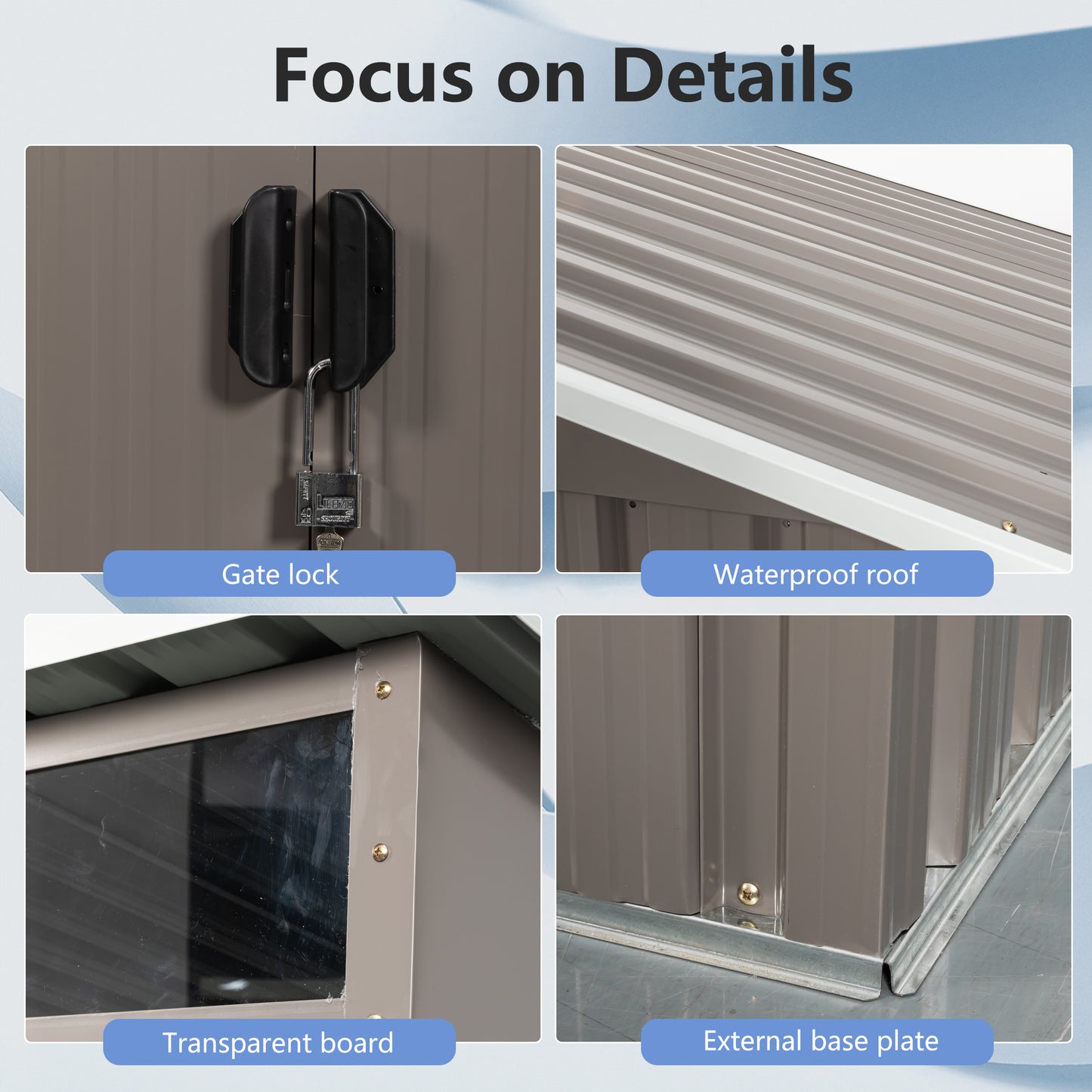 Closeup of a gray metal storage shed door with a silver padlock and black latch mechanism
