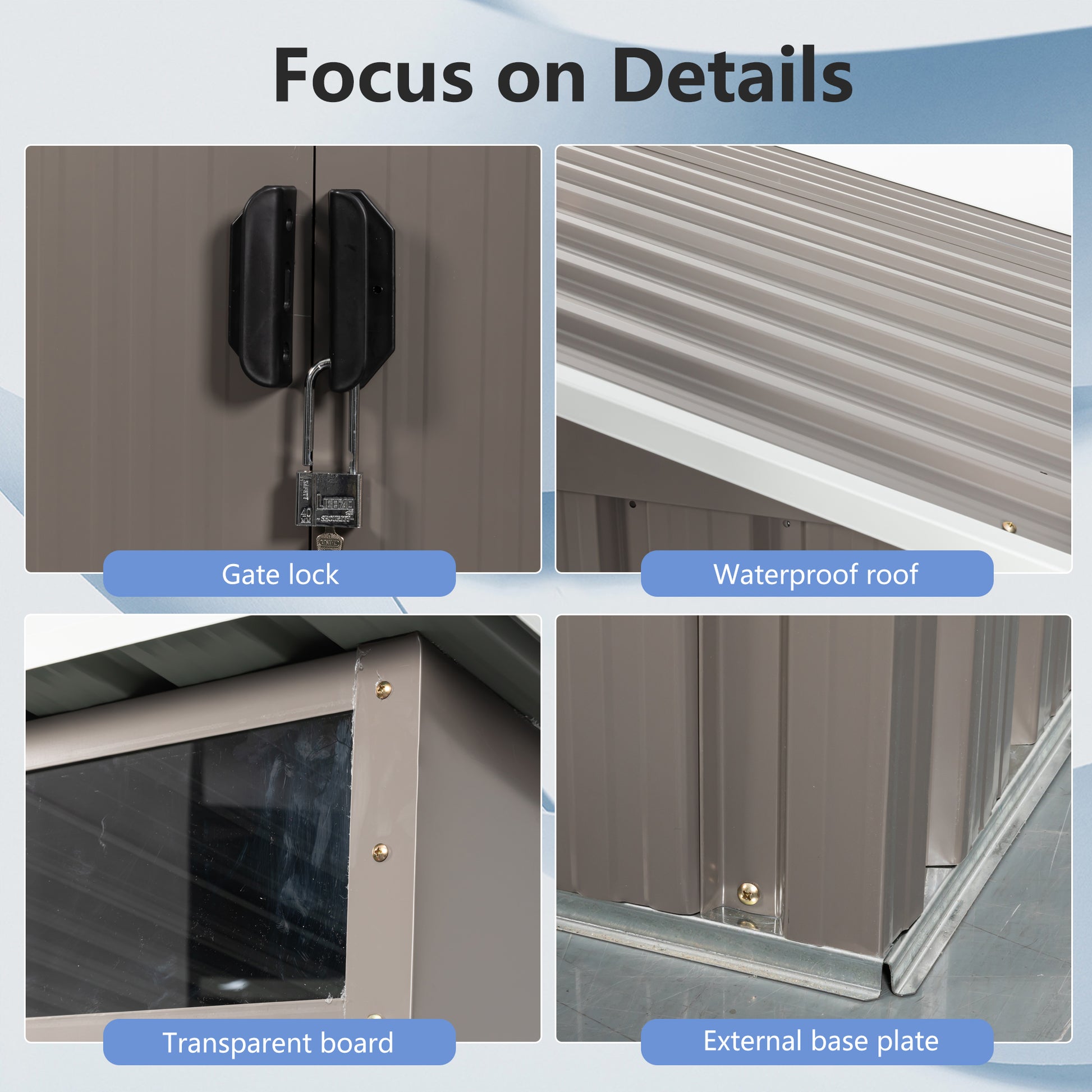 Closeup of a gray metal storage shed door with a silver padlock and black latch mechanism