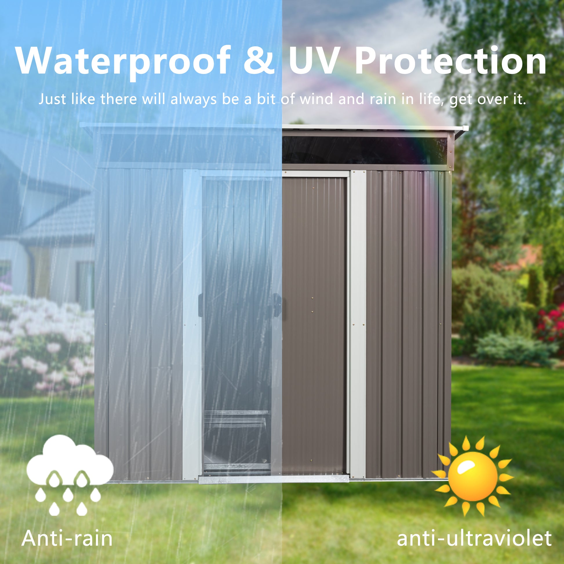 Brown metal garden shed with sliding doors featuring waterproof and UV protection