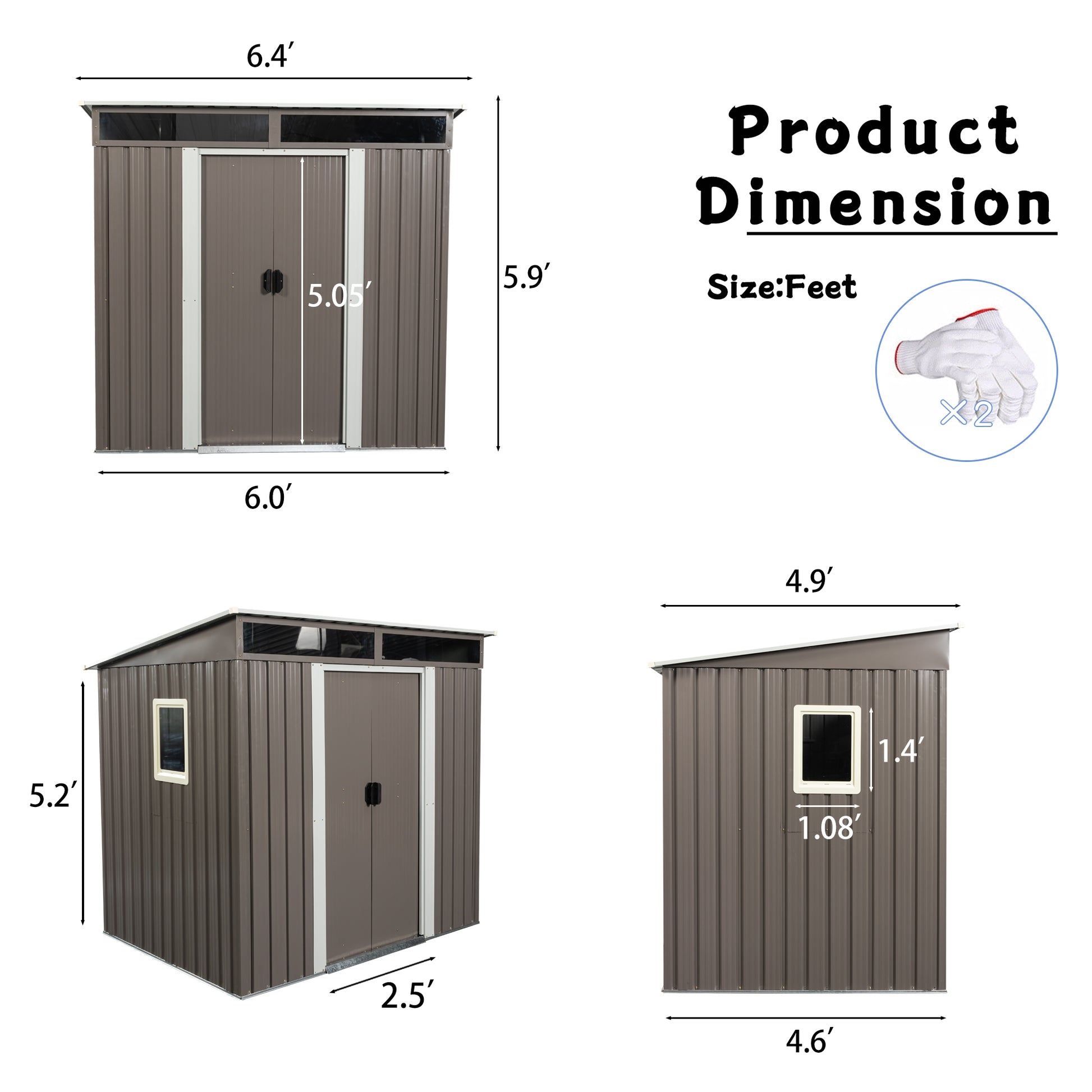 Brown metal outdoor storage shed with double doors and dimensions  x  x