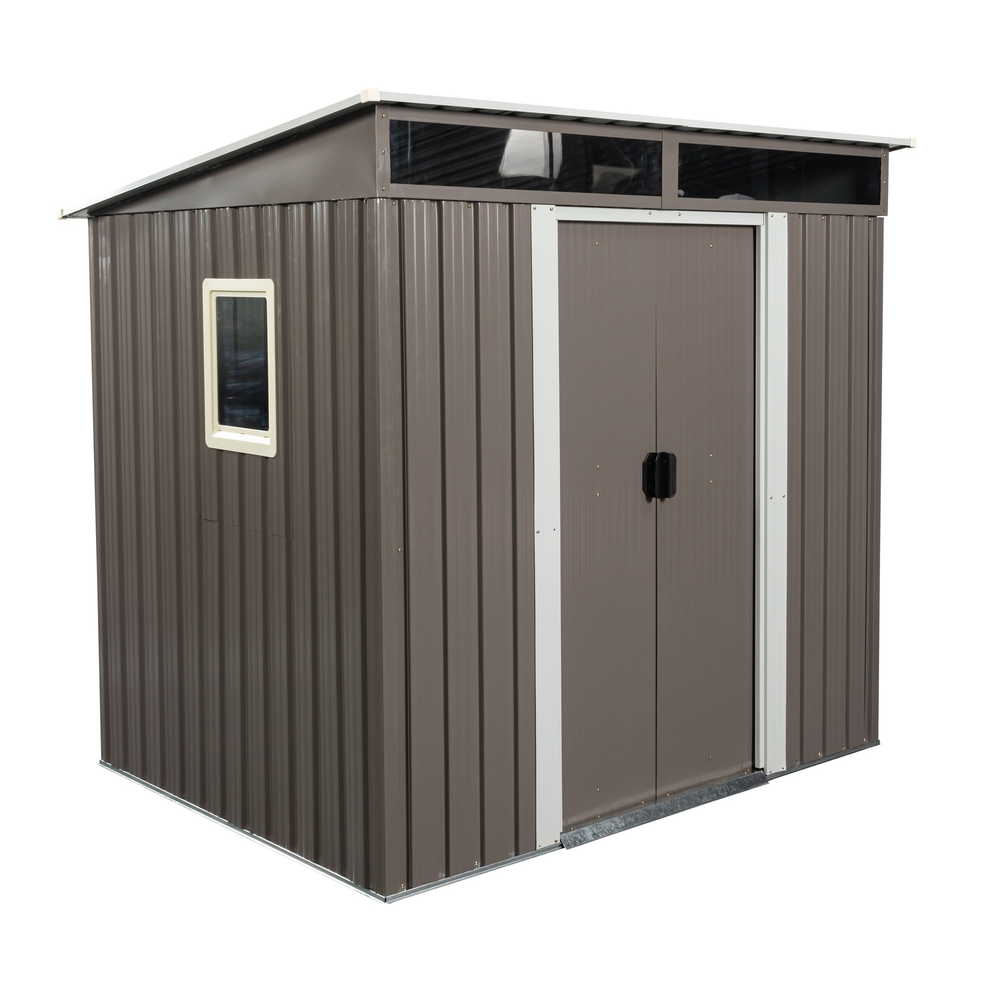 Brown corrugated metal garden shed with double doors and a small window